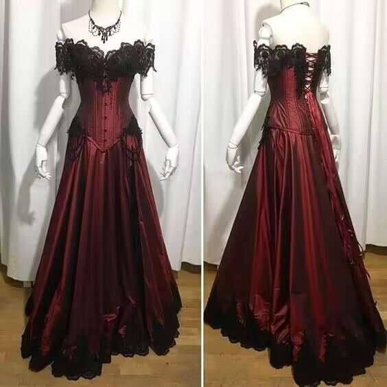 Gothic Wedding Dress Satin Burgundy Black Lace Applique Off Shoulder Bridal Gown