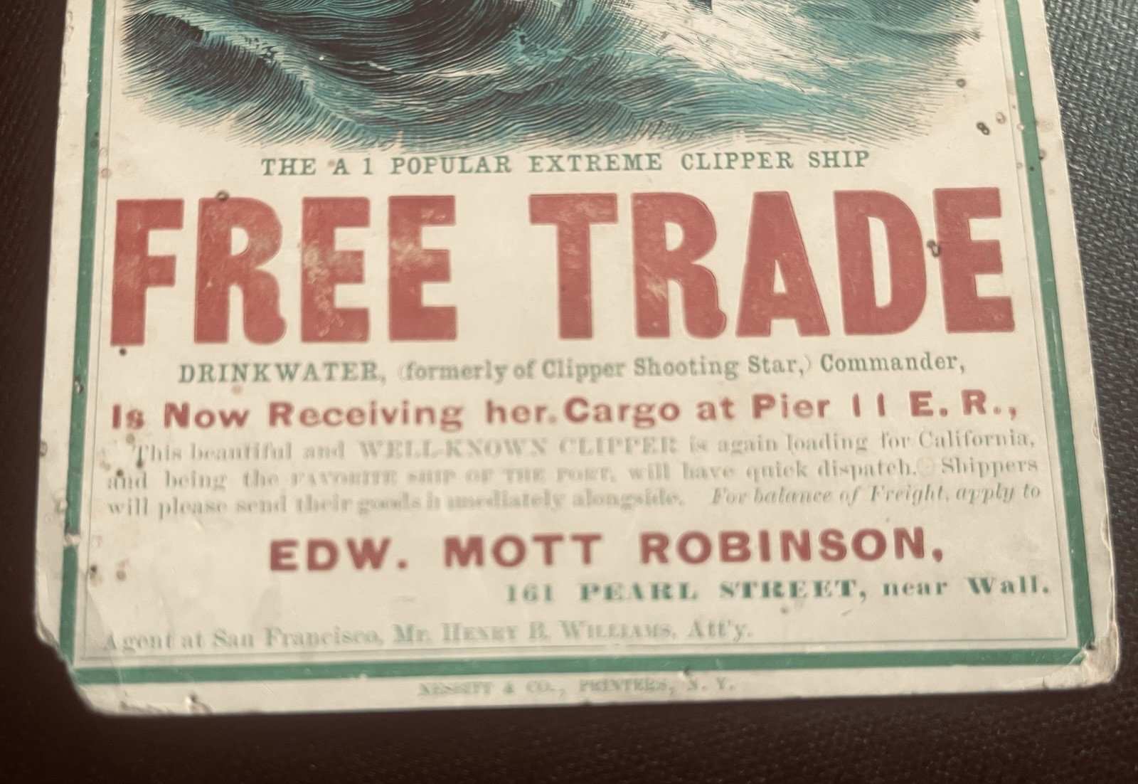 Clipper Ship Card Free Trade c. 1860 Robinson's California Line San Francisco