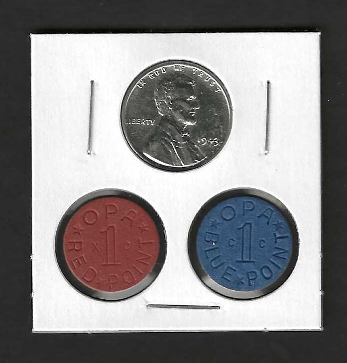 WWII 1943 STEEL PENNY + BLUE & RED OPA FOOD RATION TOKENS  - XF+ CONDITION
