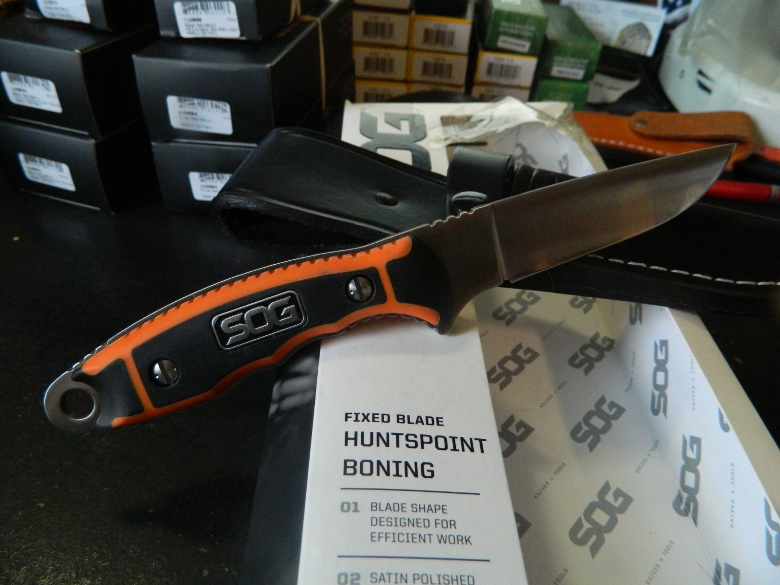 SOG KNIVES 8.2" HUNTSPOINT FIXED BLADE BLADE AUS-8 HANDLE ORANGE & BLACK GRN
