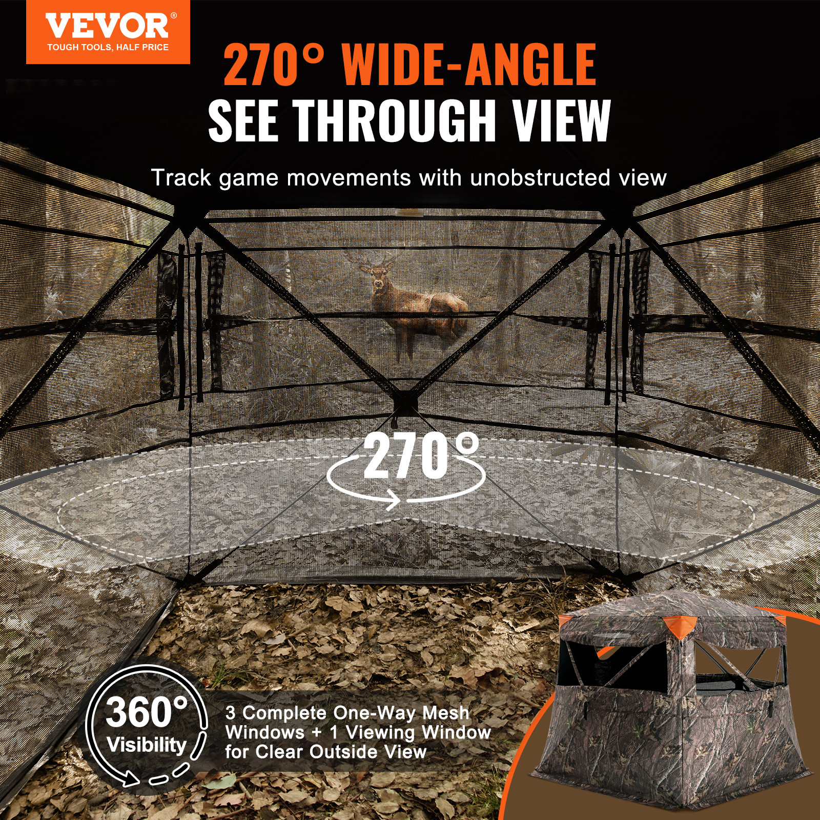 VEVOR Hunting Blind 270° See Through Ground Blind One-Way Mesh for 4-5 Person