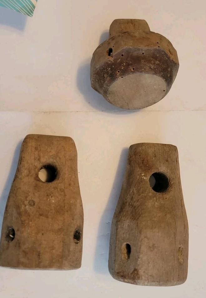 Vintage Wooden Marine Fish Net Floats Buoy Oblong  Wood Nautical Beach Lot Of 3