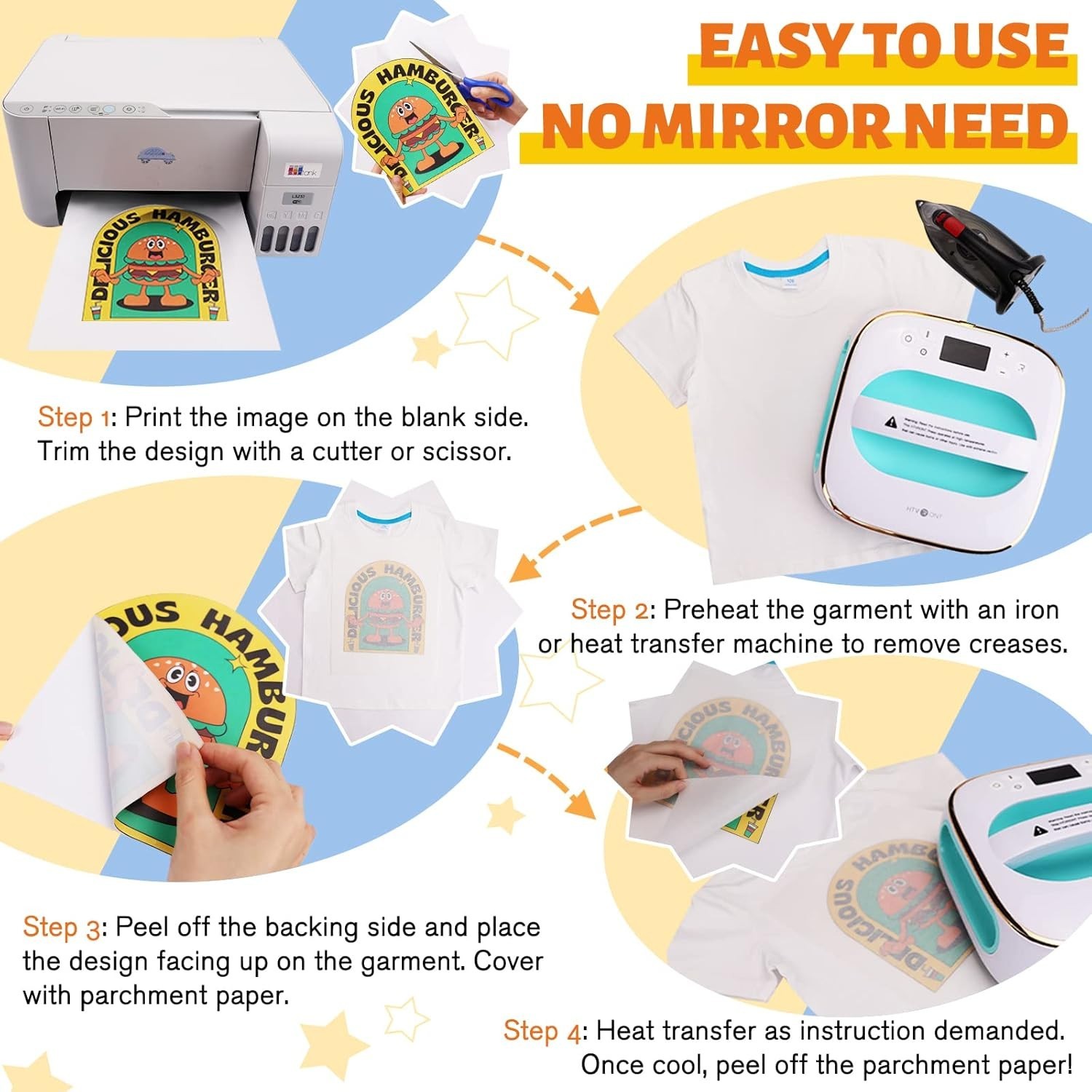 Vibrant Heat Transfer Vinyl - 50 Sheets for Light & Dark Fabrics, Easy to Use