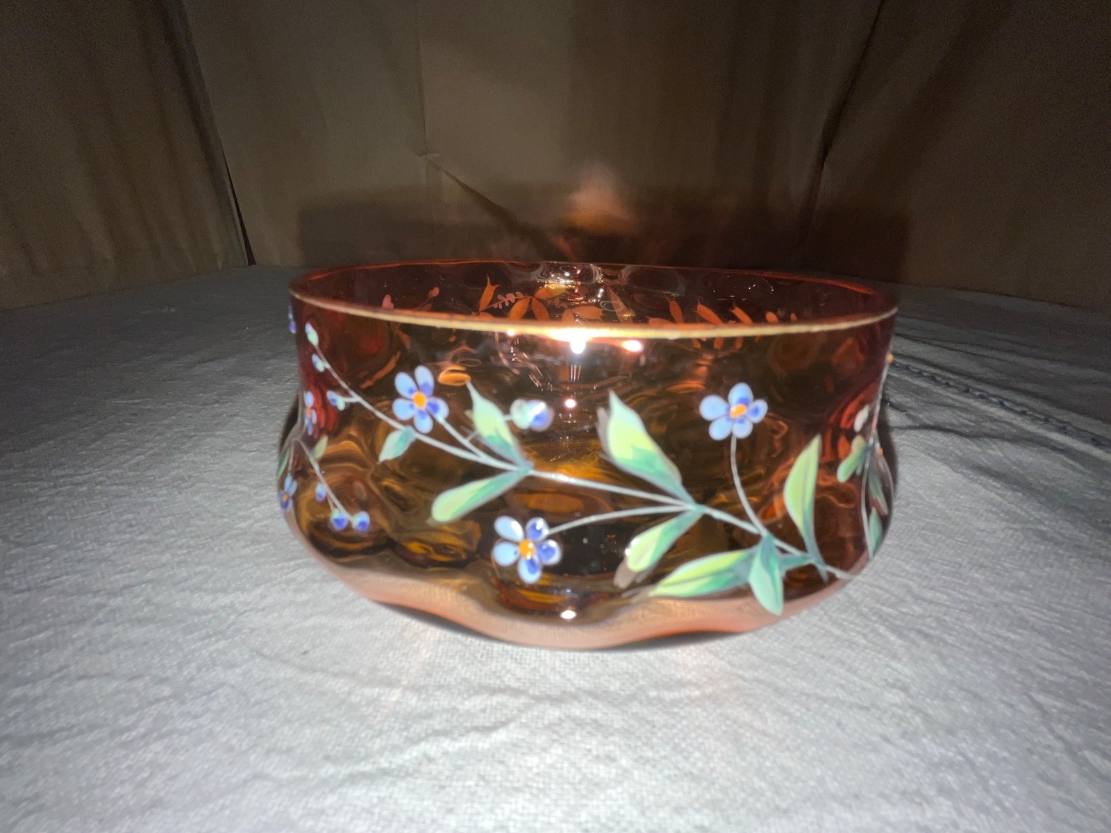Victorian Enameled Amberina Low Bowl-Floral Sprigs-Victorian-Late 1800’s
