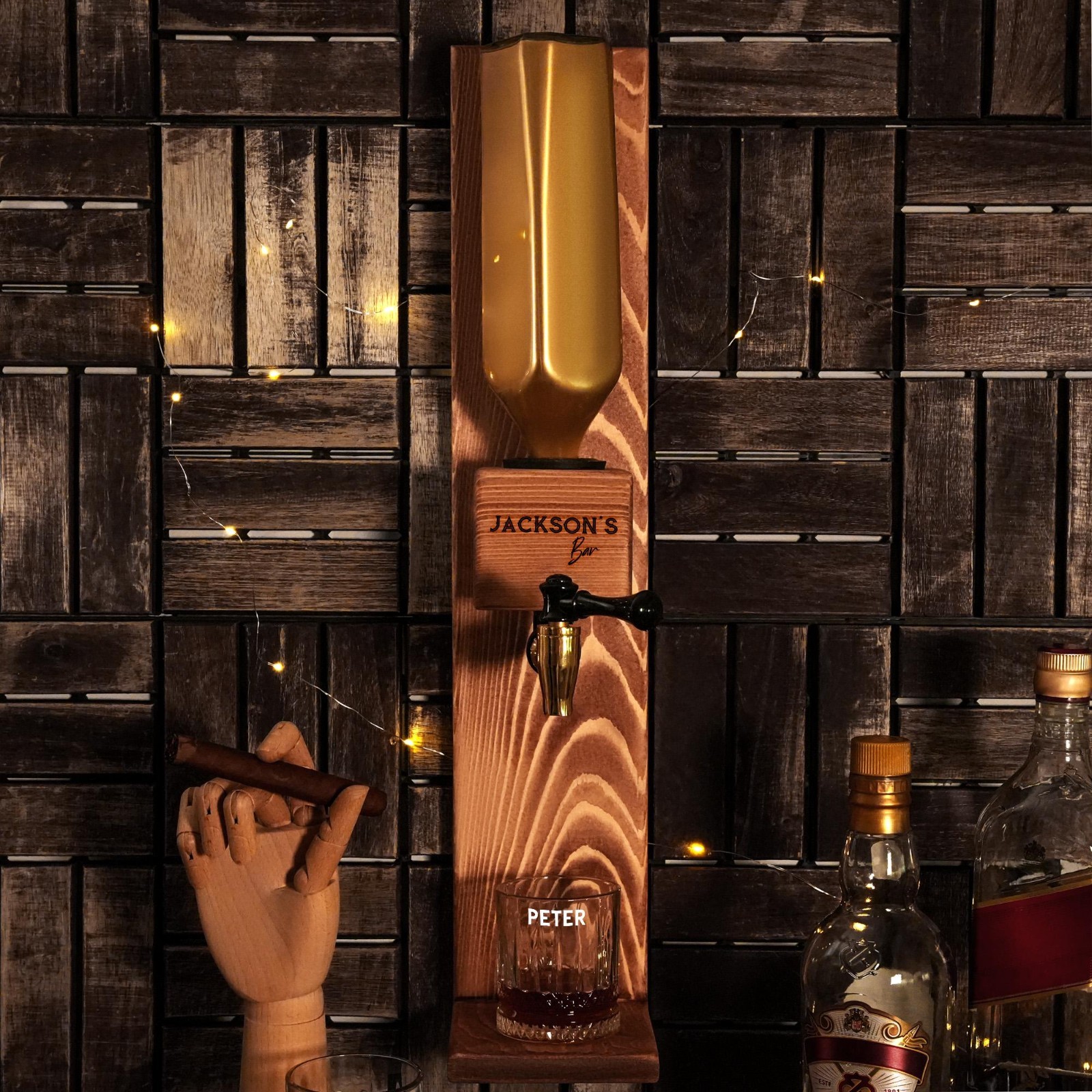 Wall Mounted Whiskey Tap Dispenser, Triple Bottle Bar Rack, Custom Wooden Stand