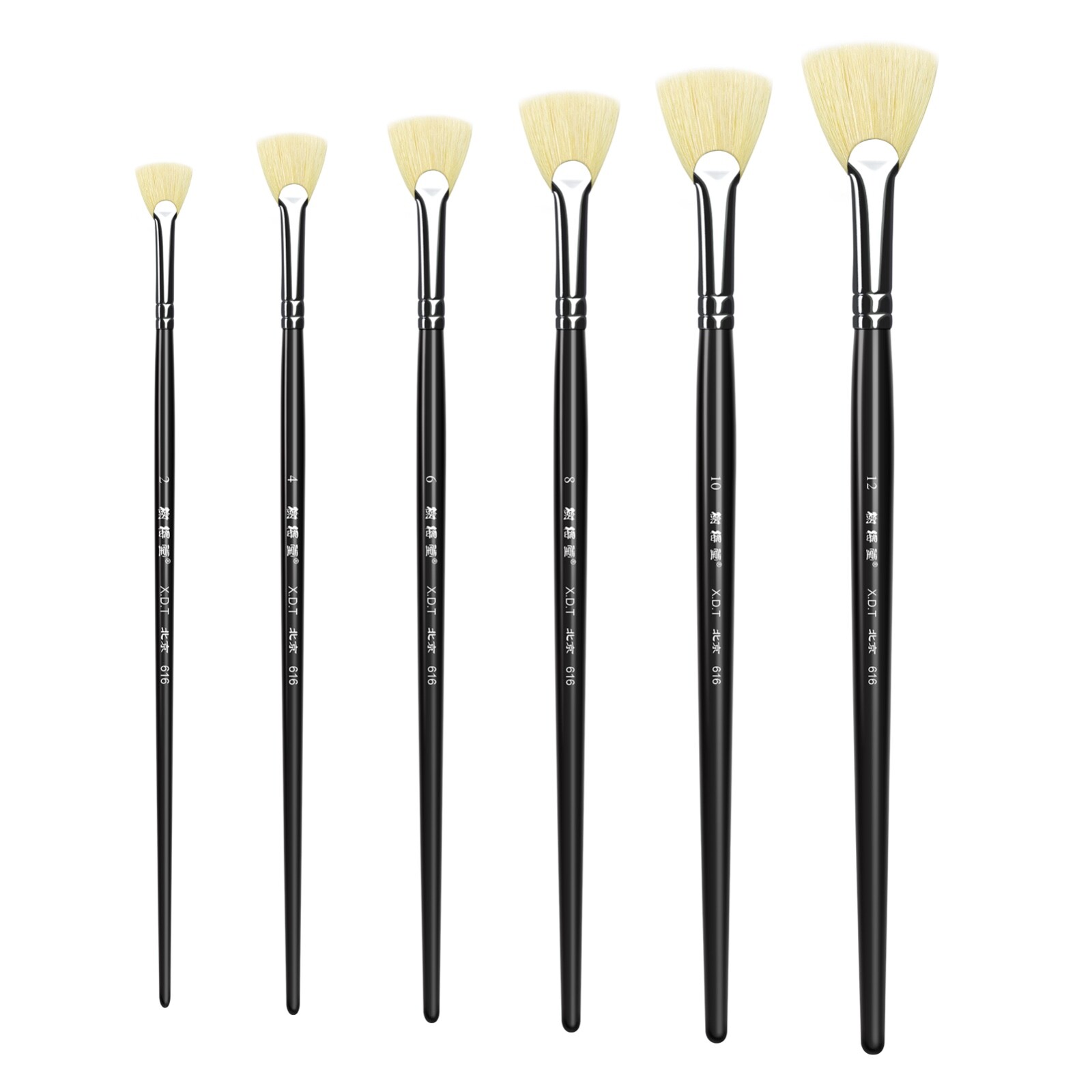 XDT#616-1 Fan Art Brush Set 6Pc #2#4#6#8#10#12 Hog Acrylic Oil Watercolor