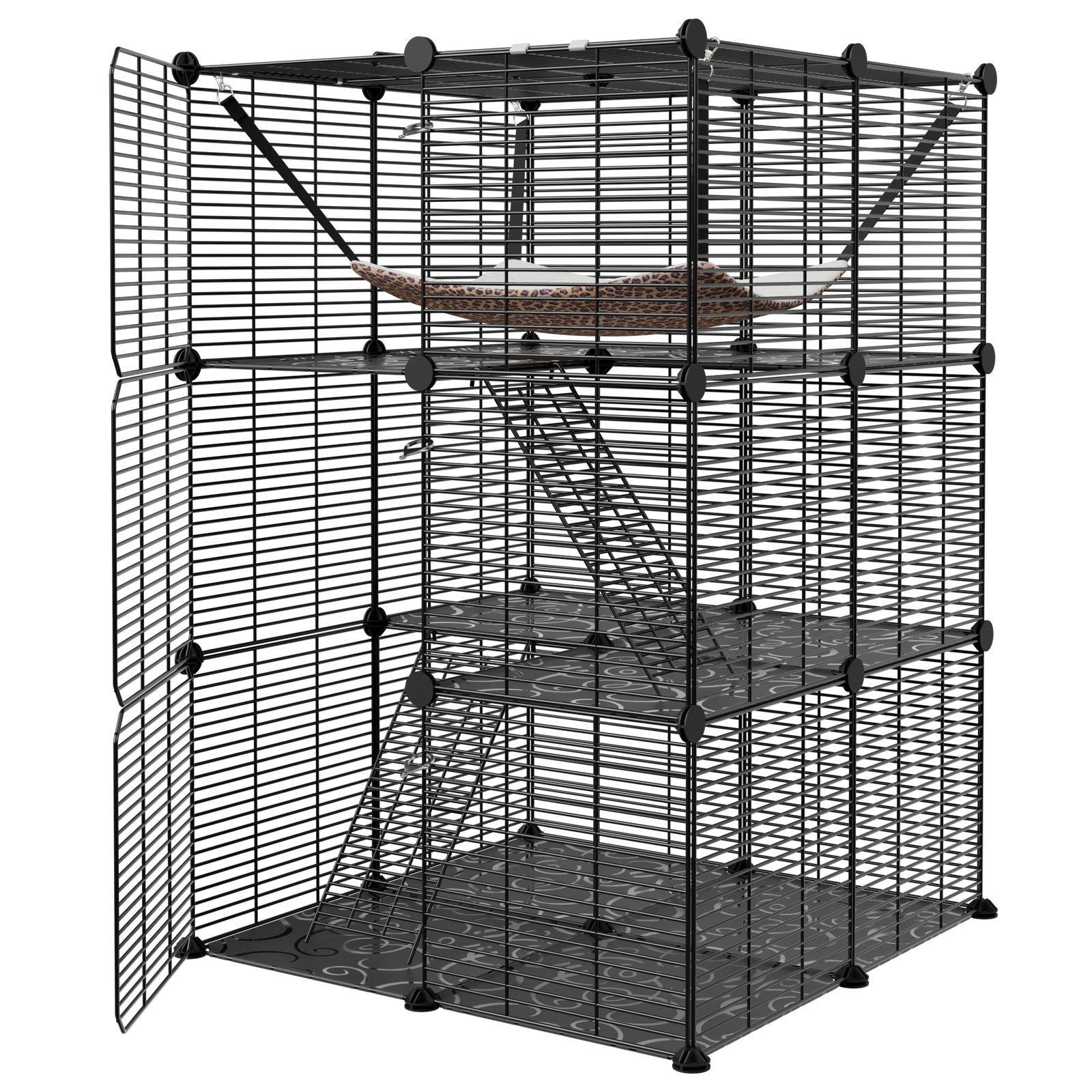3-Tier Cat Cage Indoor Cat Enclosures DIY Detachable Metal Cat Kennel w/Hammock