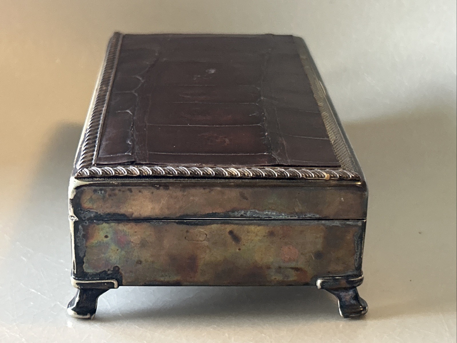 Aristocrat Silver Plate w/ Crocodile/ Alligator Top Cigarette Box Wood Lining