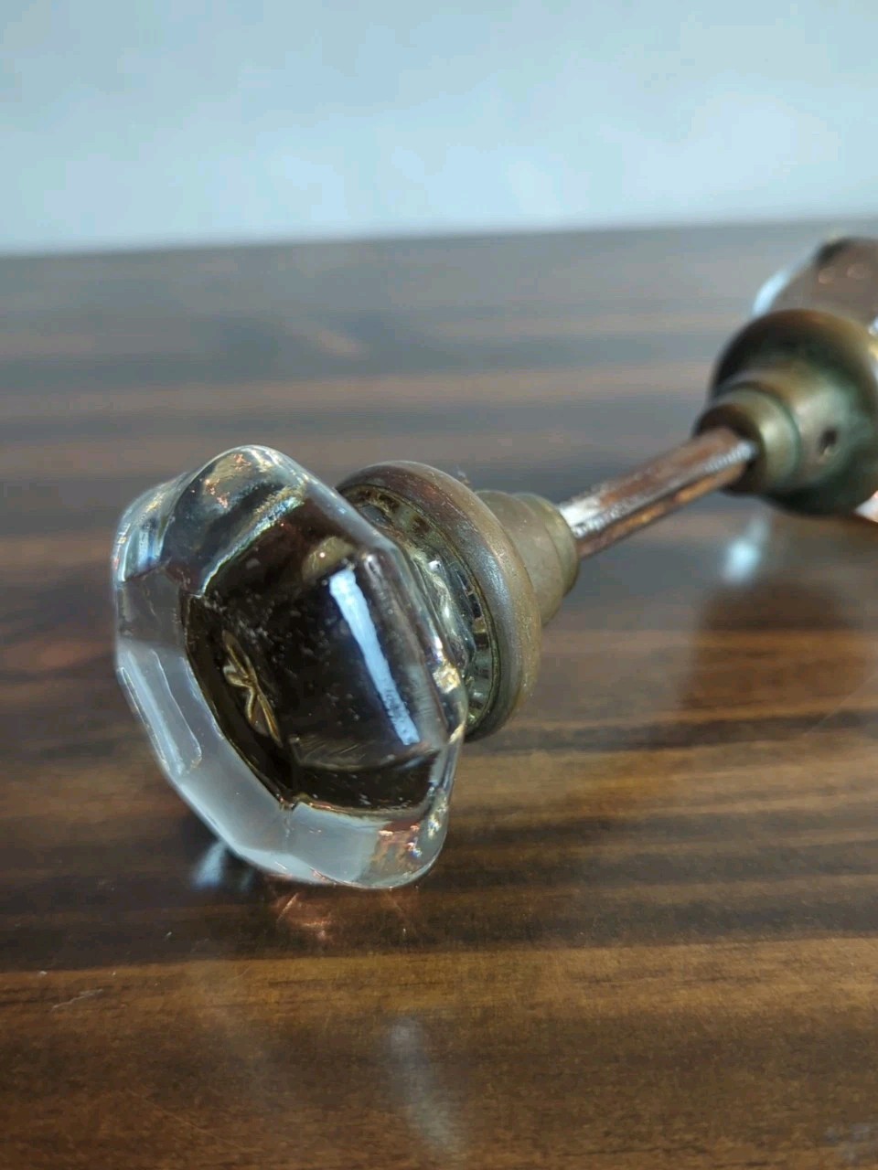 8 Point Crystal Glass Door Knob Set W/ Brass Hardware Spindle Art Deco Antique