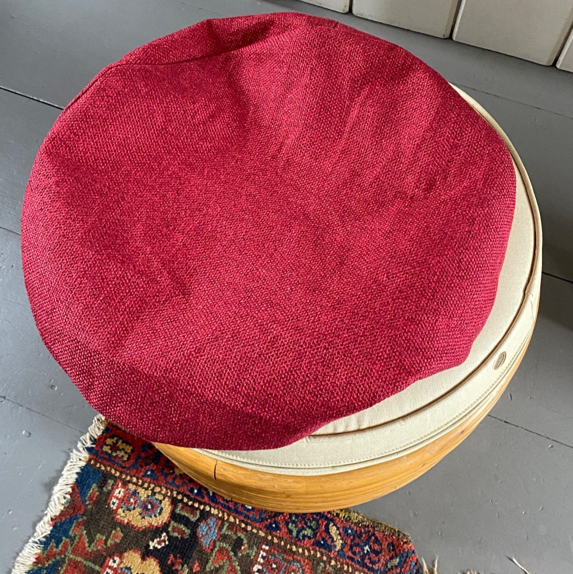 MCM Stacked 9 Band Bent Rattan Bamboo Ottoman Footstool Cushion Vtg Mid-Century