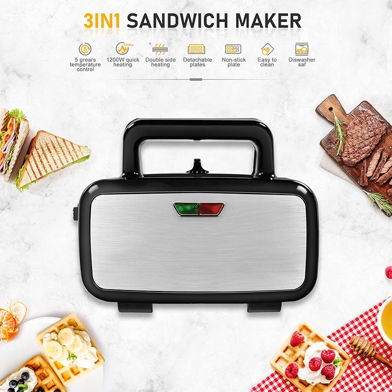 1200W 3-in-1 Waffle Iron Panini Press Sandwich Maker with Removable Plates 120V