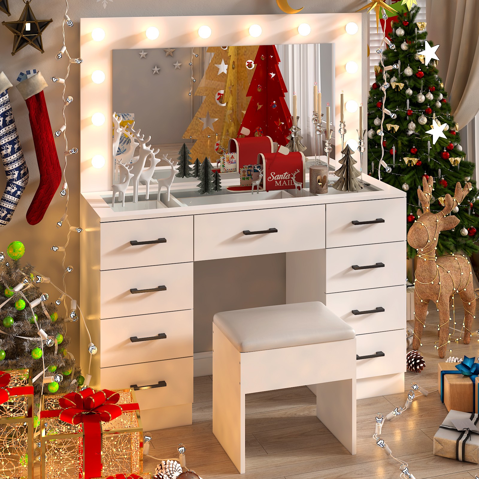 45.3 x 15.7 x 29.5-55.1 Inches Vanity Desk with Large Lighted Mirror & Lights