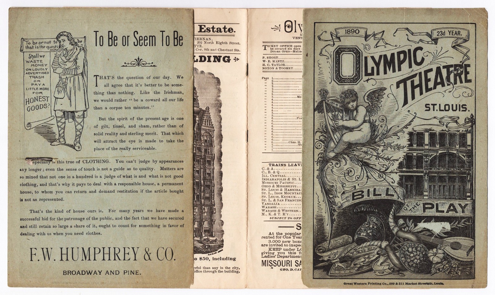 Edwin Booth "RICHELIEU" Helena Modjeska "HAMLET" Olympic 1890 St. Louis Program