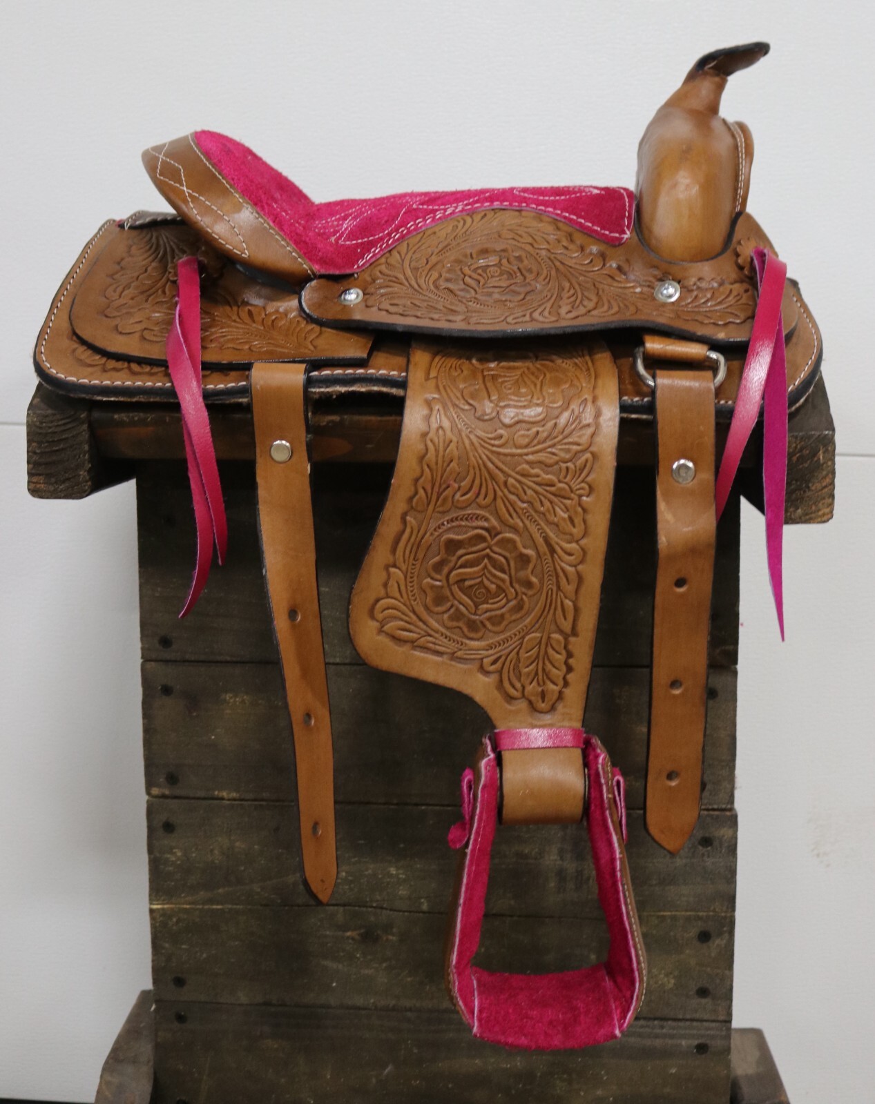 Used 10" Pink Brown Western Horse Leather Pony Kids Saddle