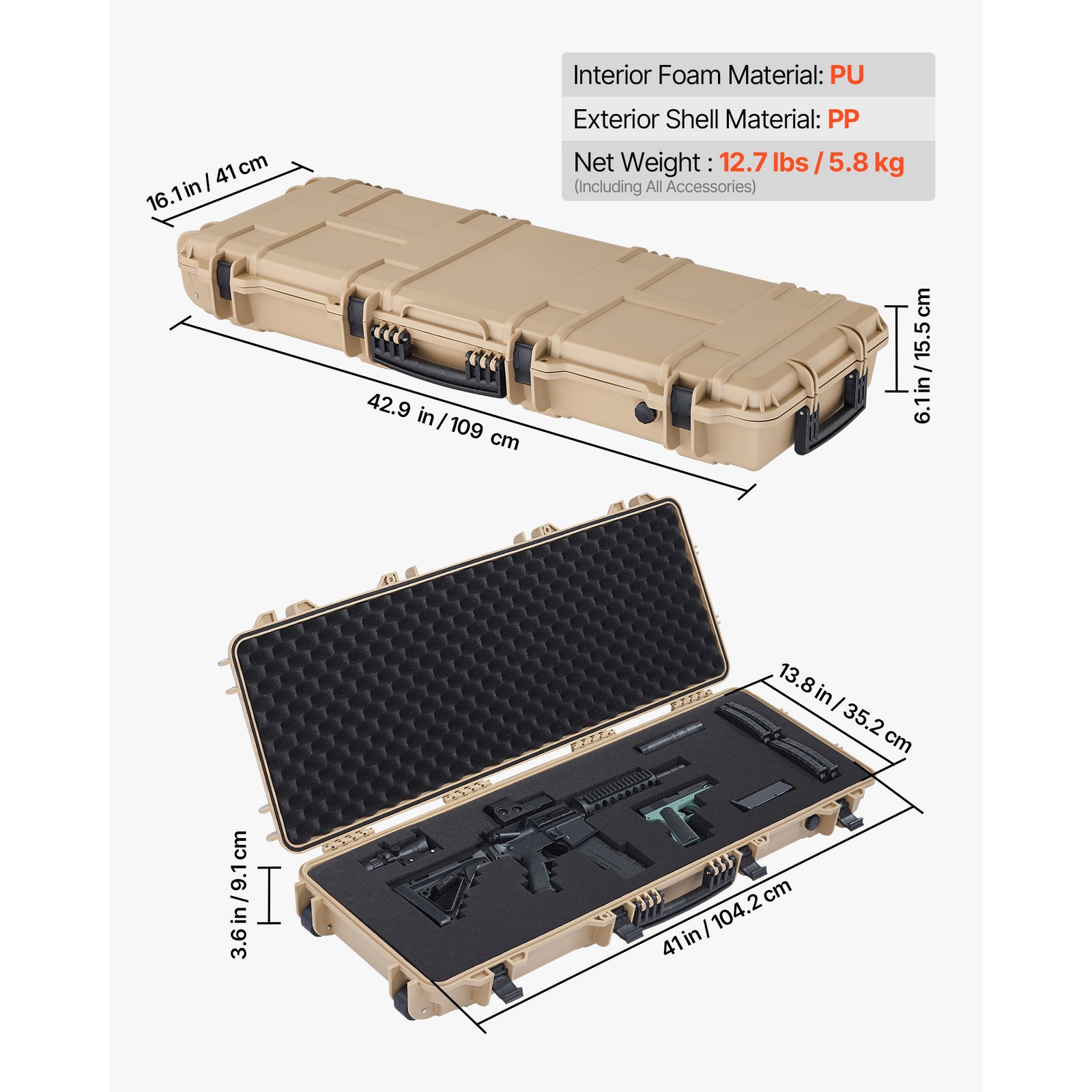 Uimoso Hard Rifle Case 42 in Gun Storage Case IP67 Waterproof & Dustproof Khaki