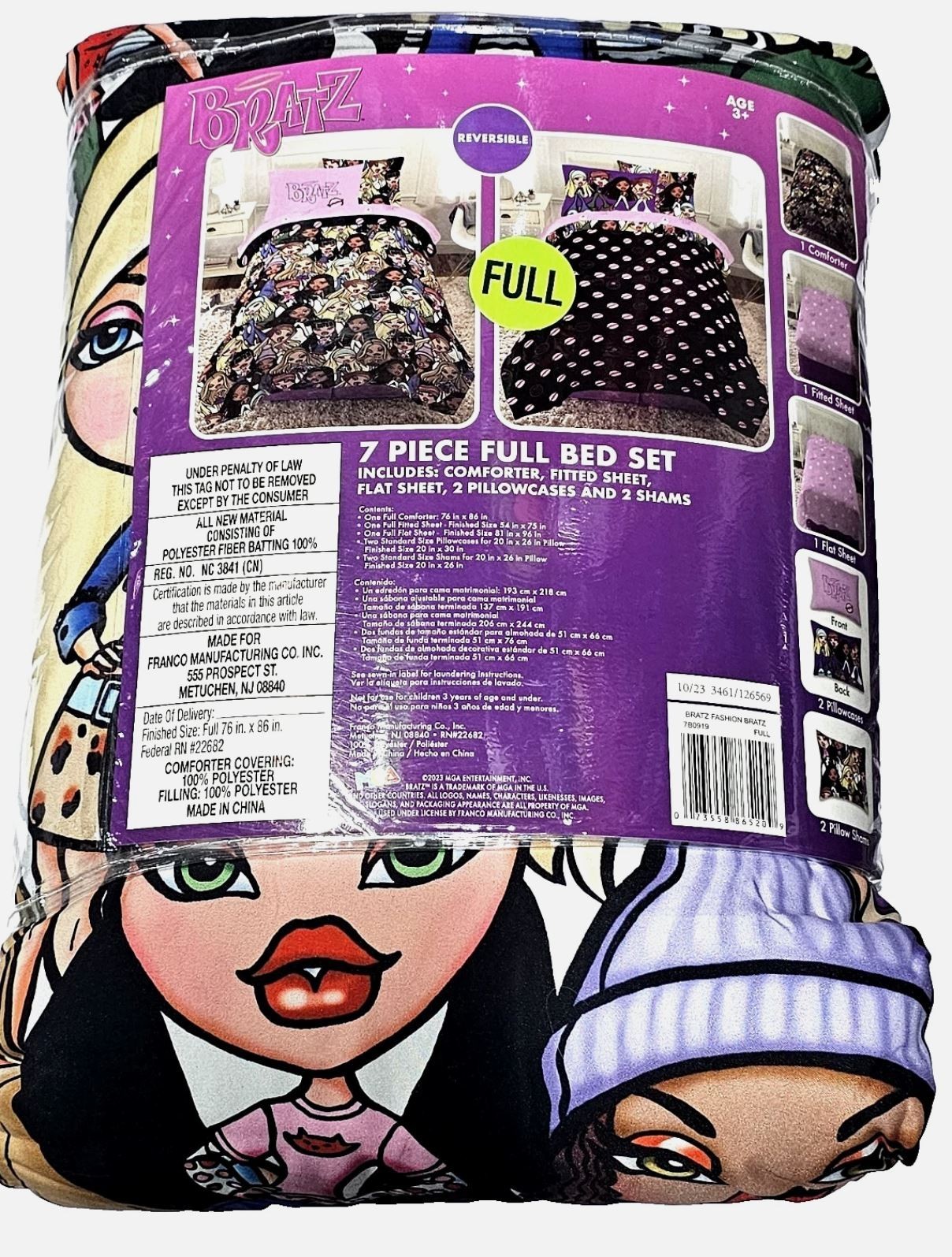 Bratz Full 7 Piece Bed Set Comforter + Sheets + Pillows + 2 Shams Reversible