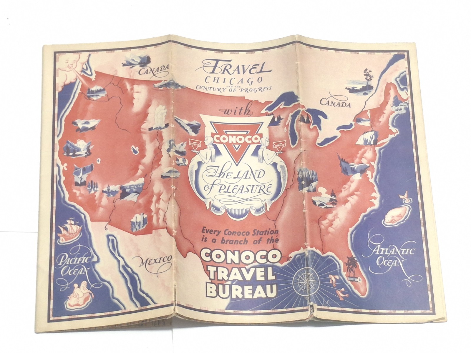 1933 Conoco Travel Bureau Road Map of Illinois Gas Chicago Oil Worlds Fair