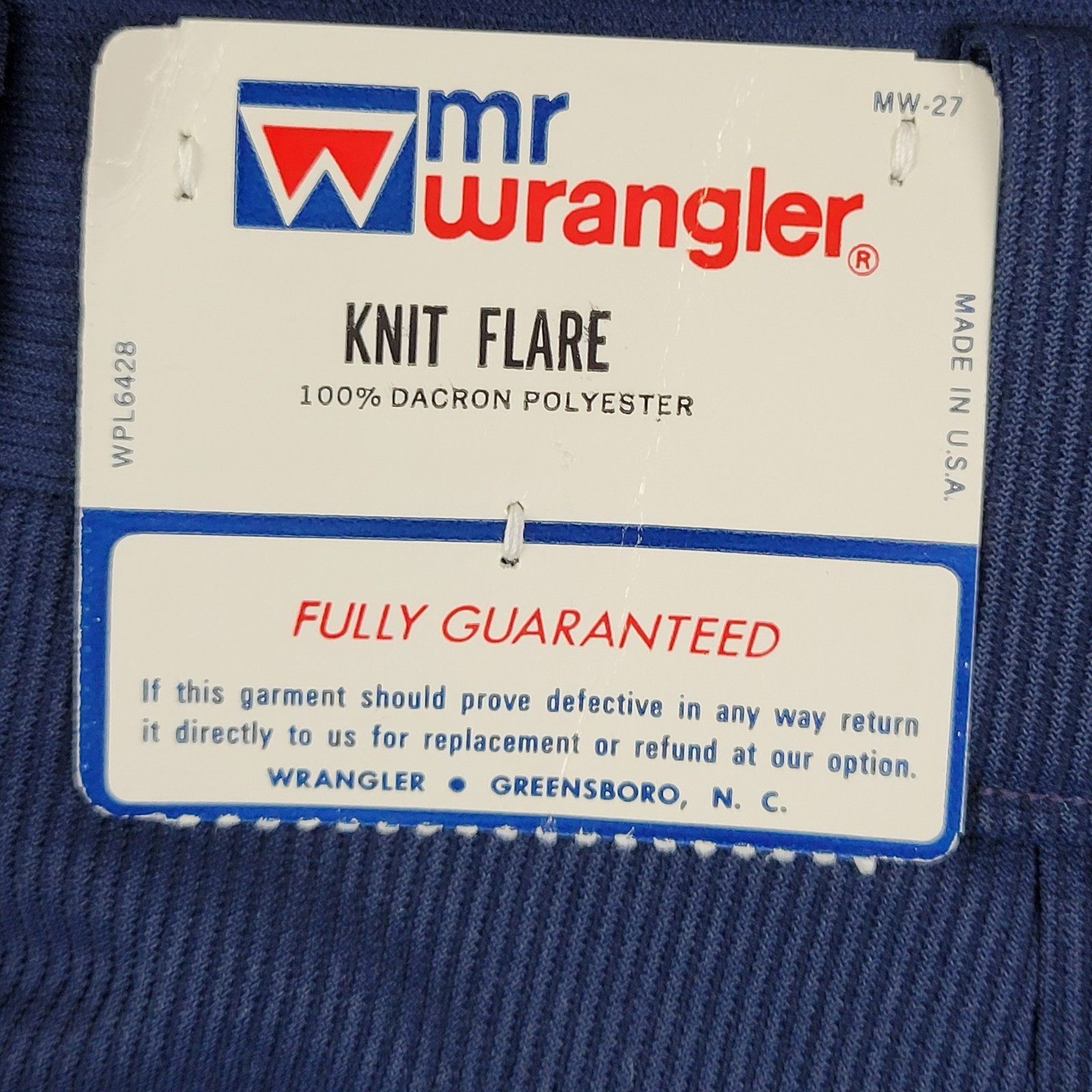 Mr Wrangler Knit Flare pants 34x30 navy blue stripe Dacron polyester 1971 USA