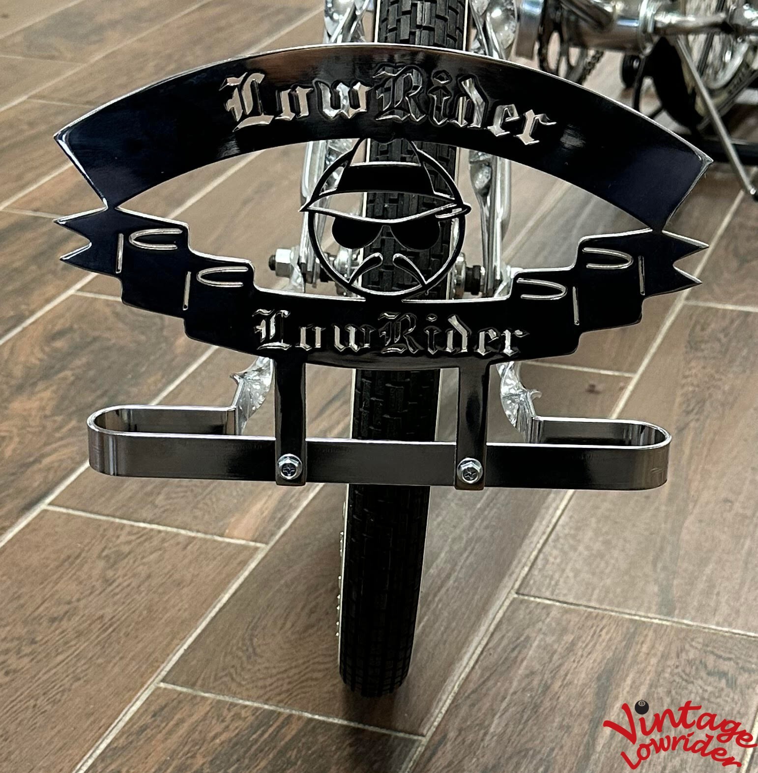 VINTAGE LOWIDER CUSTOM STEEL PLAQUE W/ LOWRIDER LETTER AND HEAD, SHOW PARTS.