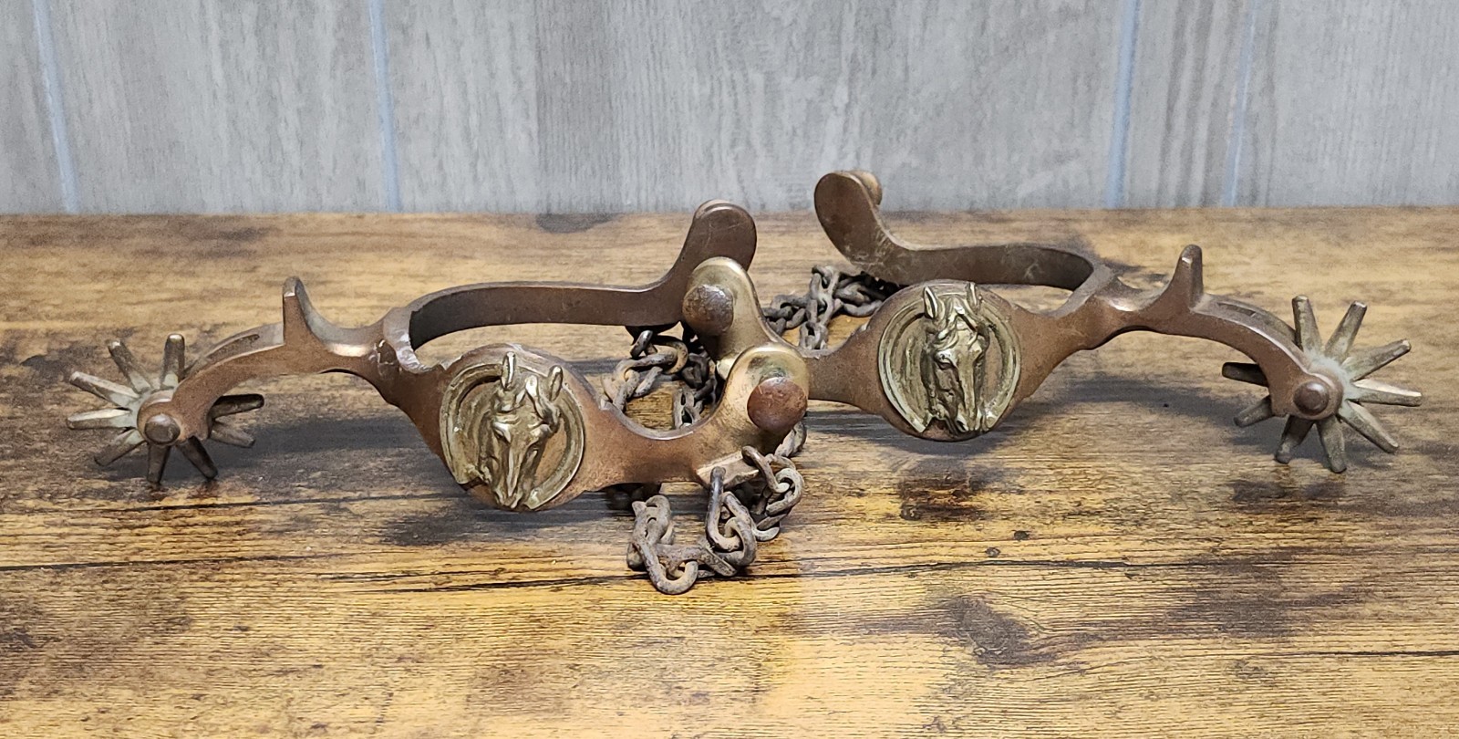 Antique Horse Head Western Spurs Star Mark August Buermann Era Bronze Toned