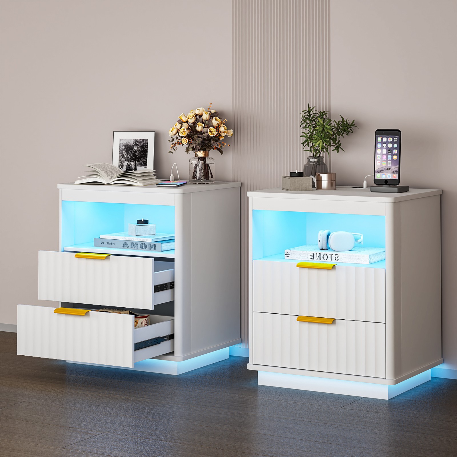 Gurexl Nightstand Set of 2 with Charging Station and 3-Color LED Lights , White