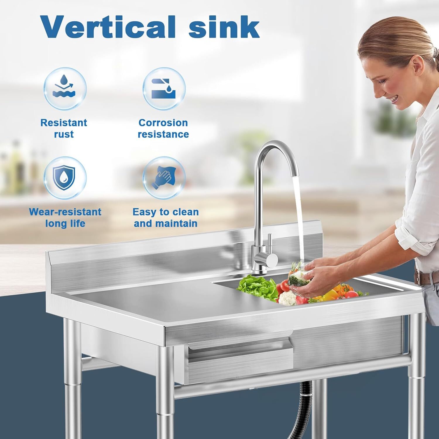 Stainless Steel Freestanding Single Bowl Laundry Sink with Workbench Drawers