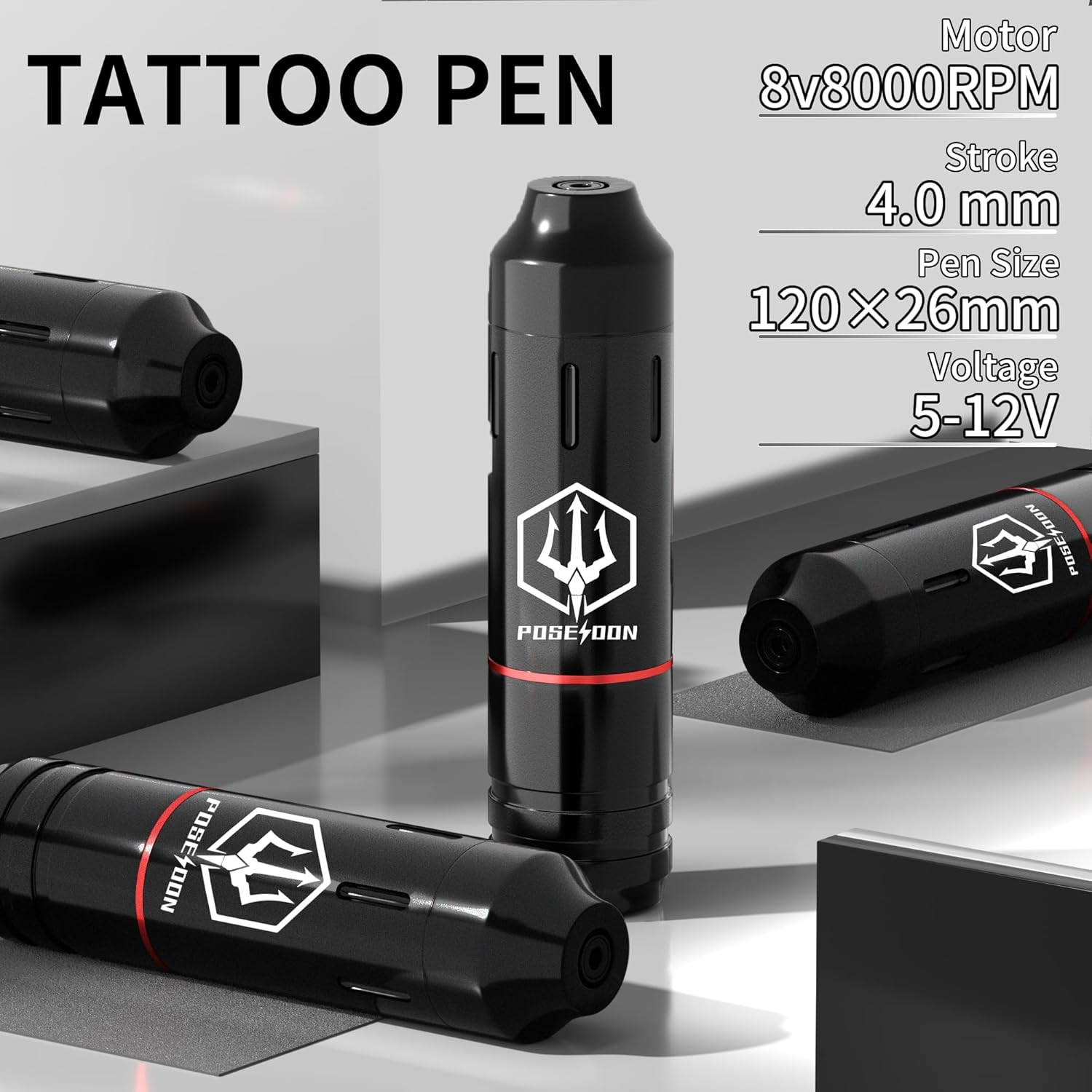 POSEIDON Cordless Tattoo Pen Kit with 2×1600Mah Batteries & Complete Starter Set