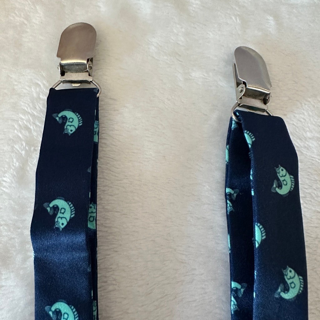 Boys Navy Teal Fish Print Suspenders Y-Back Adjustable Preppy Faux Leather