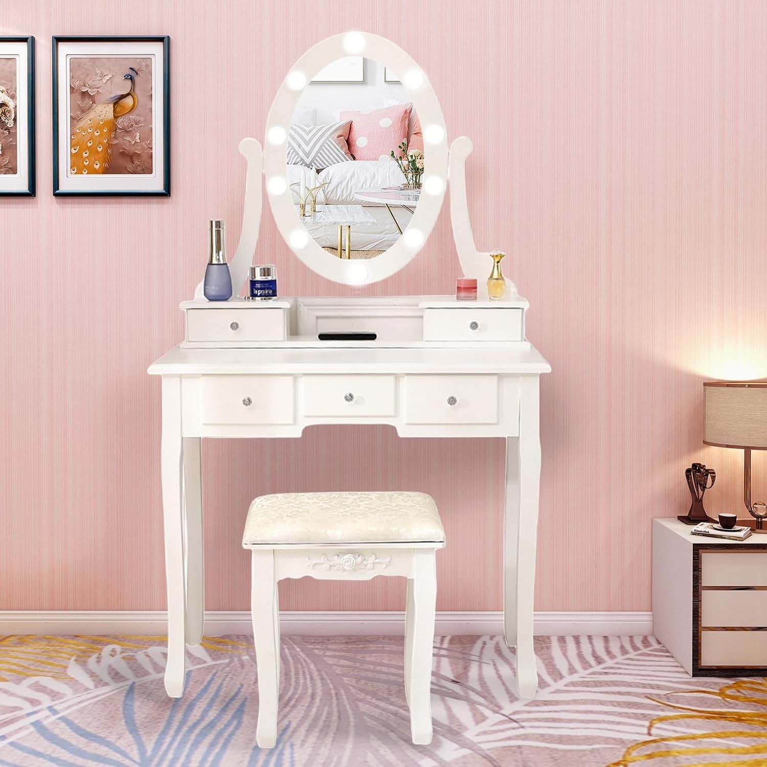 Makeup Dressing Table Vanity Set With Mirror 10 Led Lights for Girls Xmas Gifts