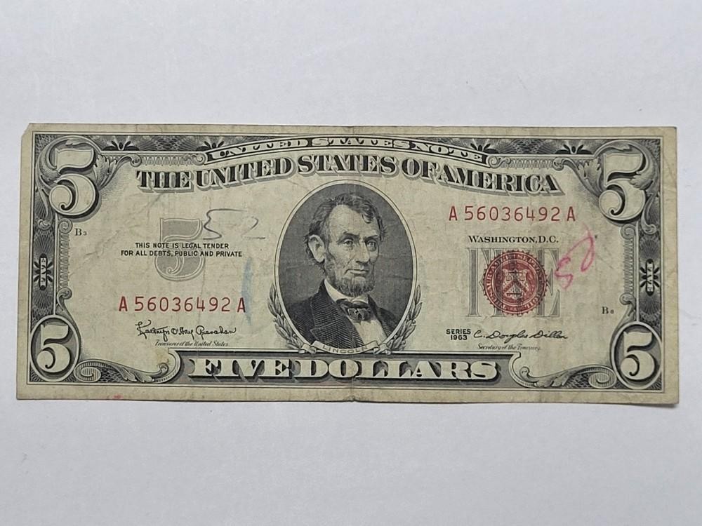 1963 RED Seal $5 United States Note CHEAP !!!