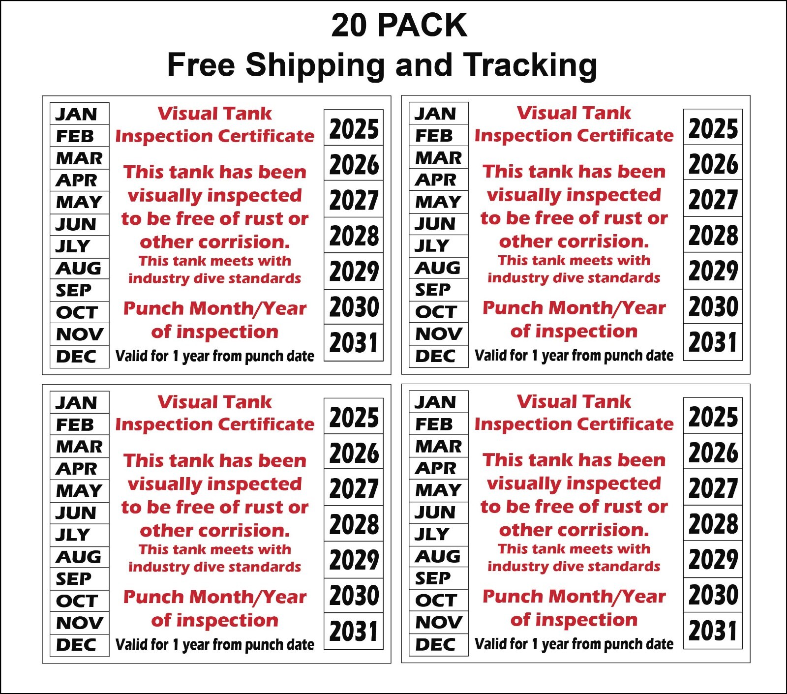 Visual Inspection (20) Stickers for Scuba Tanks Years 2025-2031 4.0" x 5.0" p923