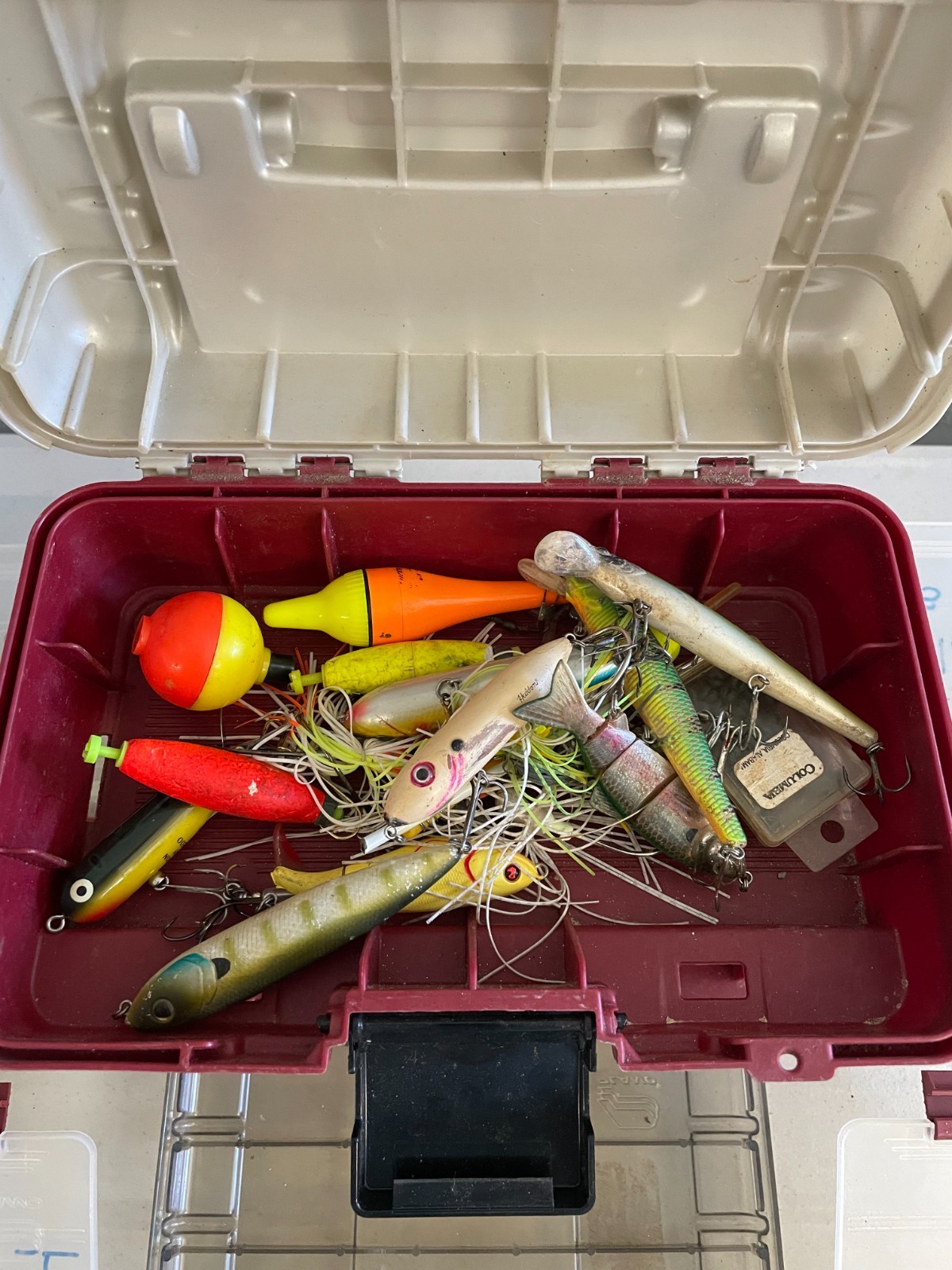 Plano Fishing Tackle Box Including Lot of Lures Hooks Weights Worms