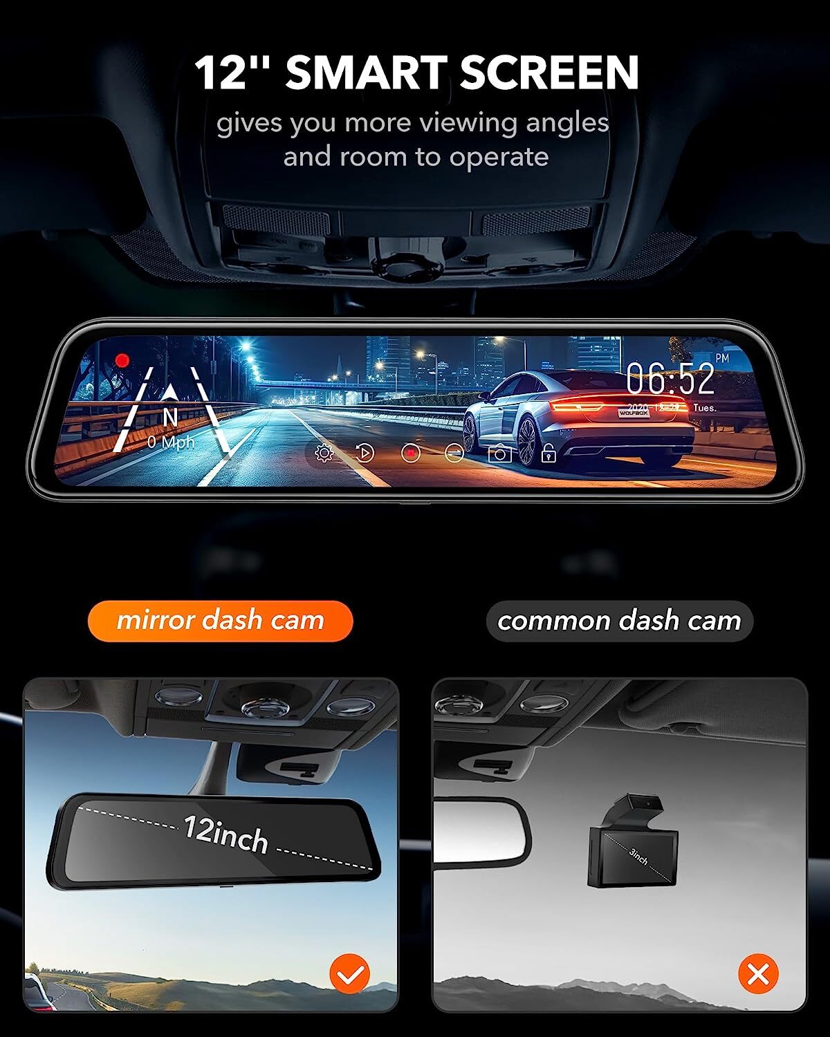 WOLFBOX 4K 12" Dual Dash Cam Car Rear Mirror View Backup Dual Camera G840S