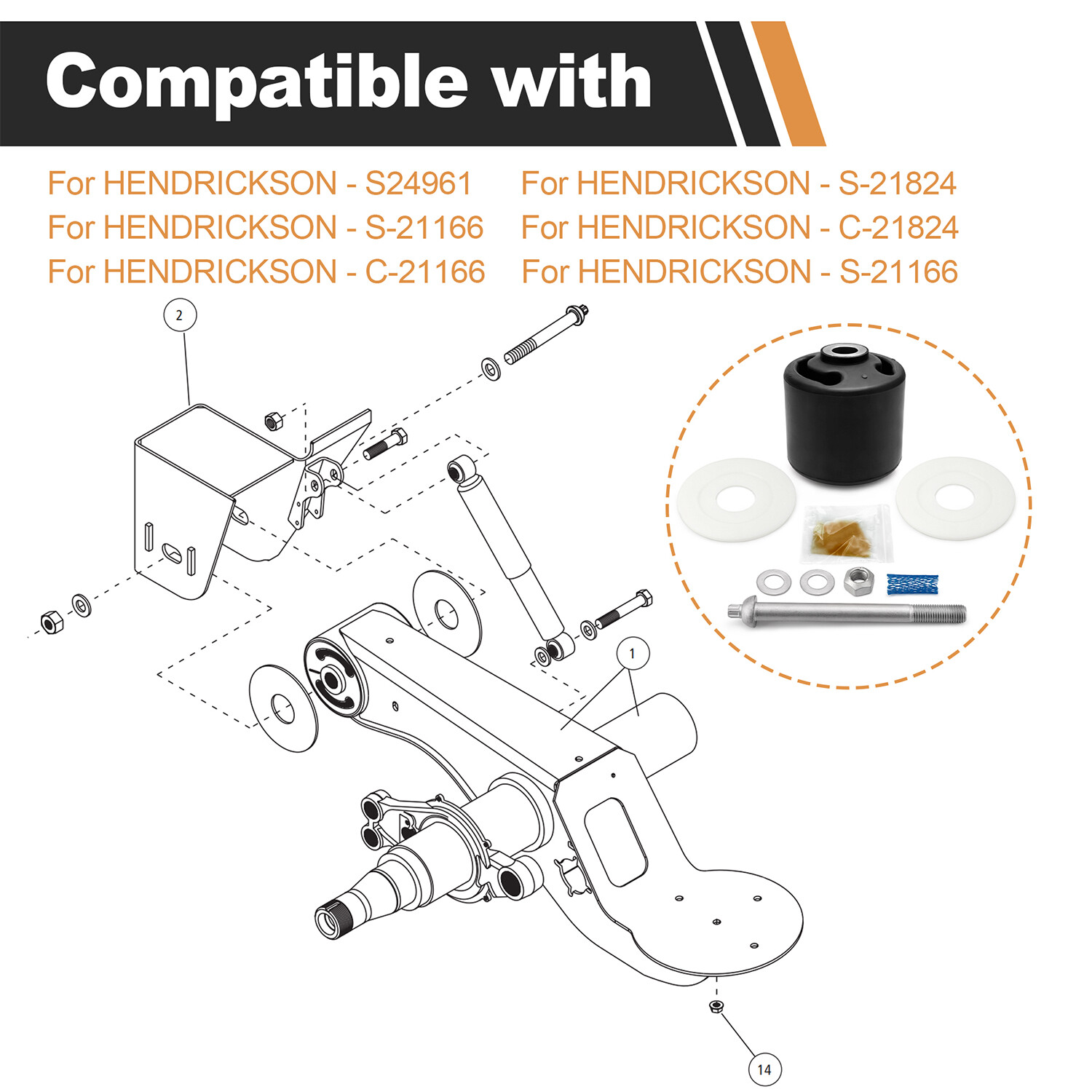 For Hendrickson Quick Align Pivot Bolt Bushing Kit S-24691 S-21166