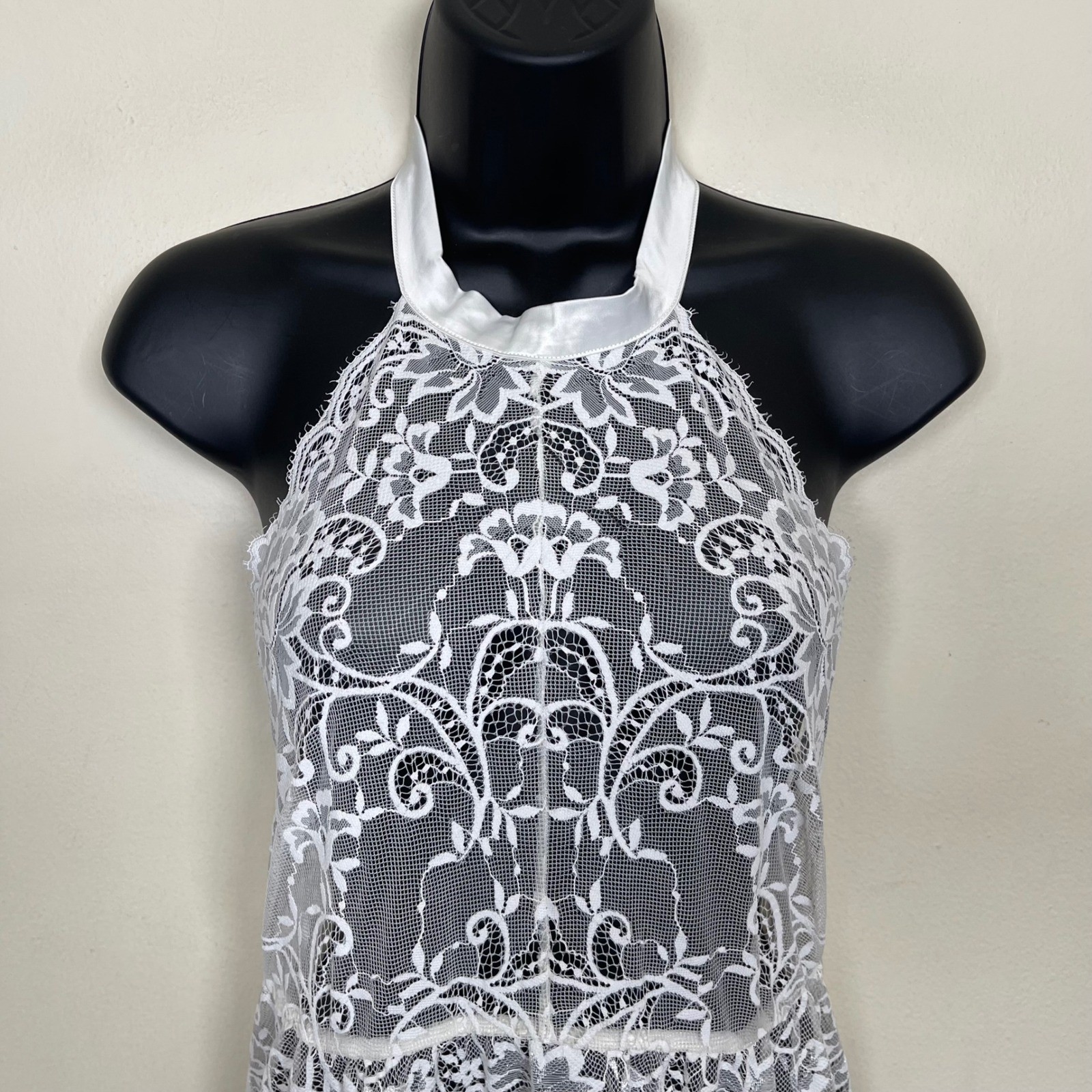 Intimissimi White Sheer Floral Lace Halter Chemise Lingerie L Ribbon Bow