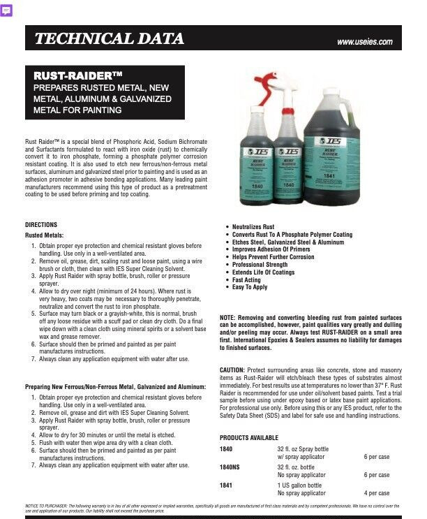IES 1841 RUST RAIDER, RUST CONVERTER/SURFACER 1 GALLON + SPRAY BOTTLE