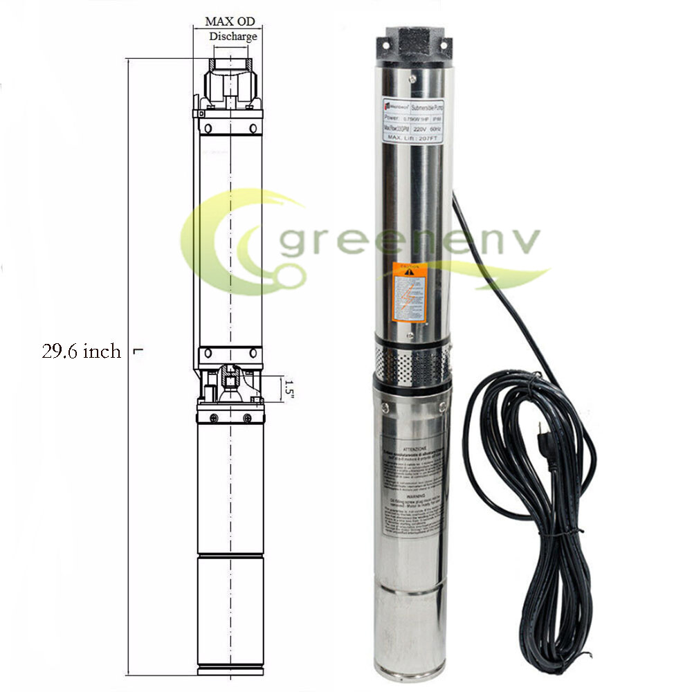 1 HP 4" Deep Well Submersible Pump ,115V, 33 GPM, 276FT ,60Hz,Stainless Steel