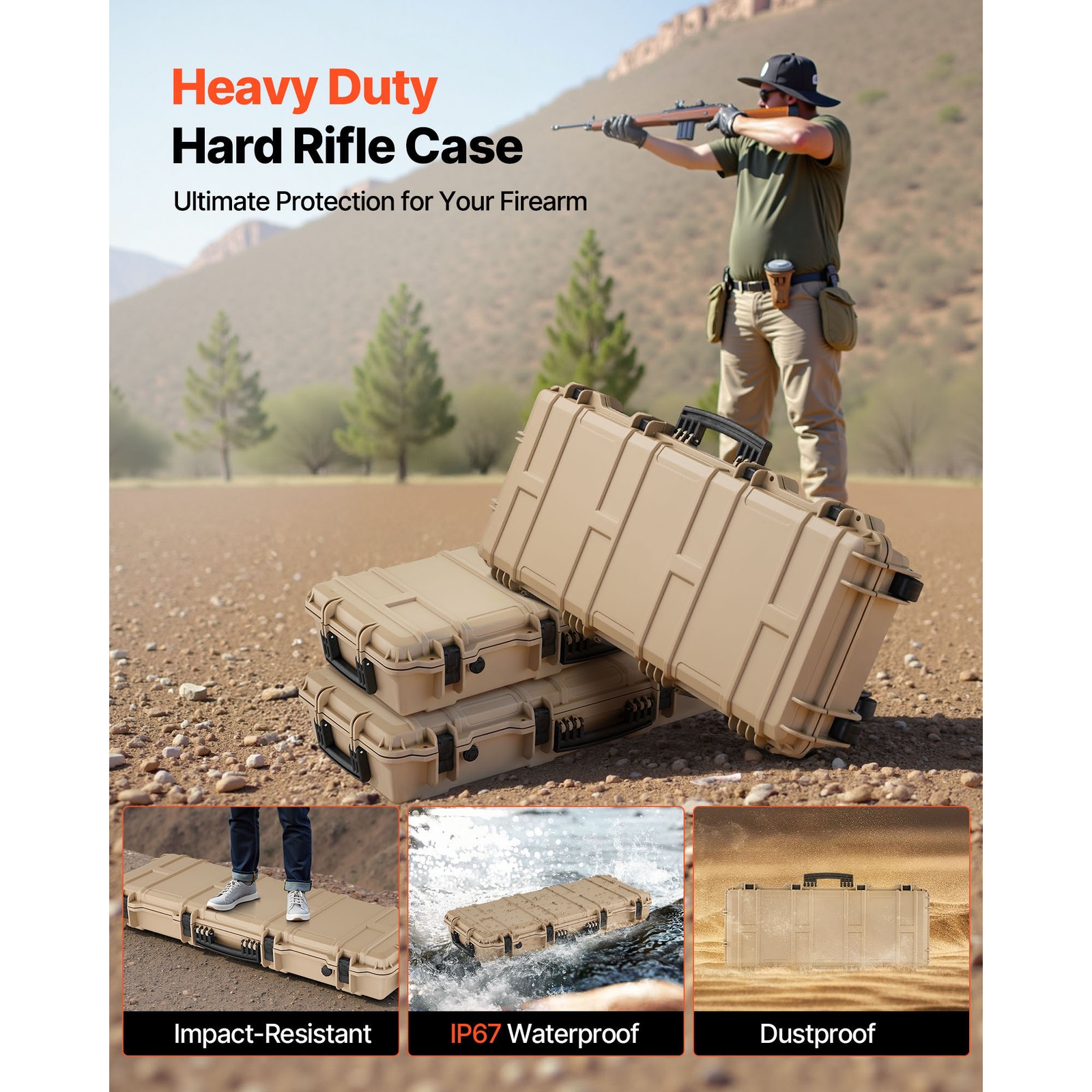 Uimoso Hard Rifle Case IP67 Waterproof Rifle Storage Case w/ Pre-cut Foam Khaki