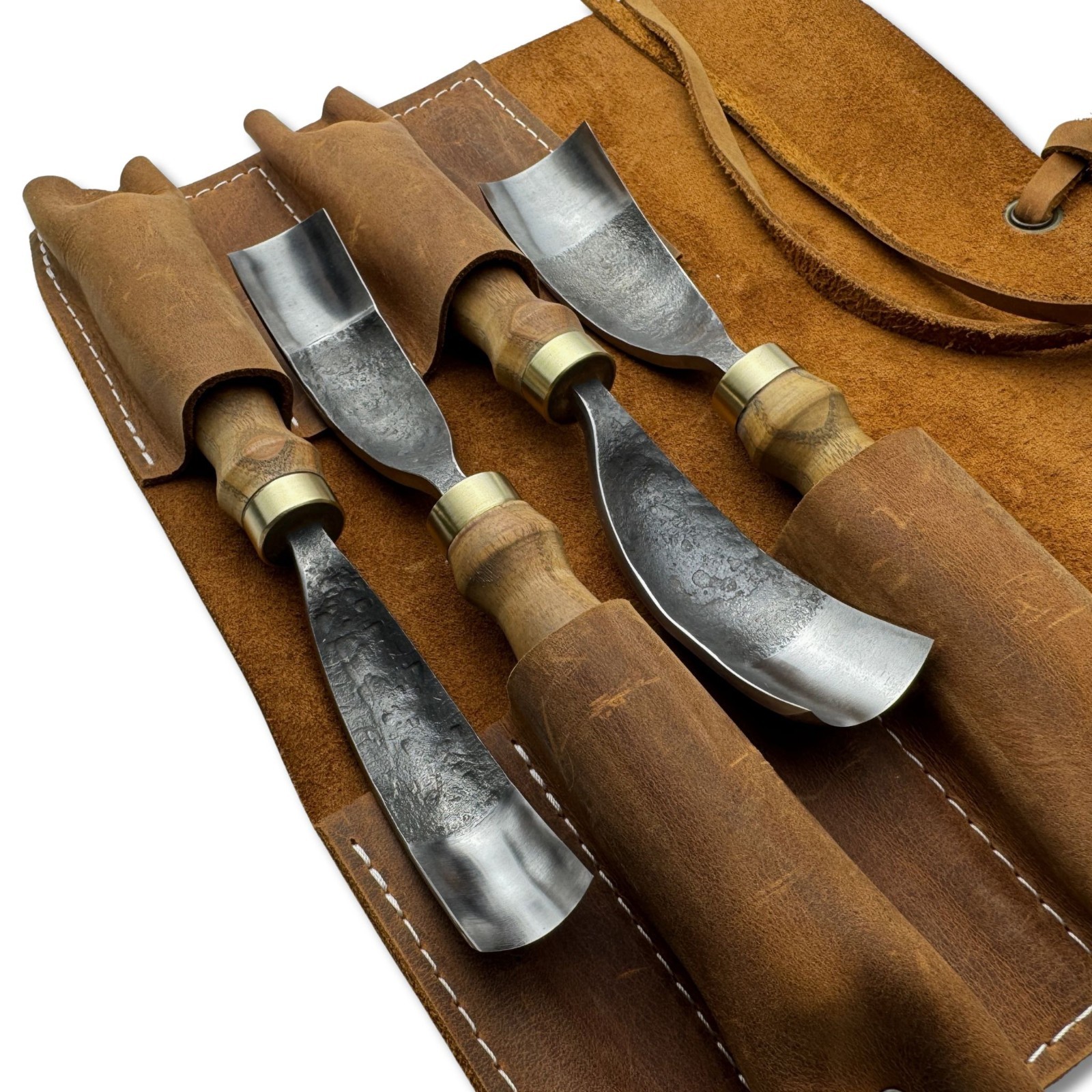 Hand-Forged Bent Gouges – 52100 Steel Blades, Ash Handles, Spoon Carving Tools.