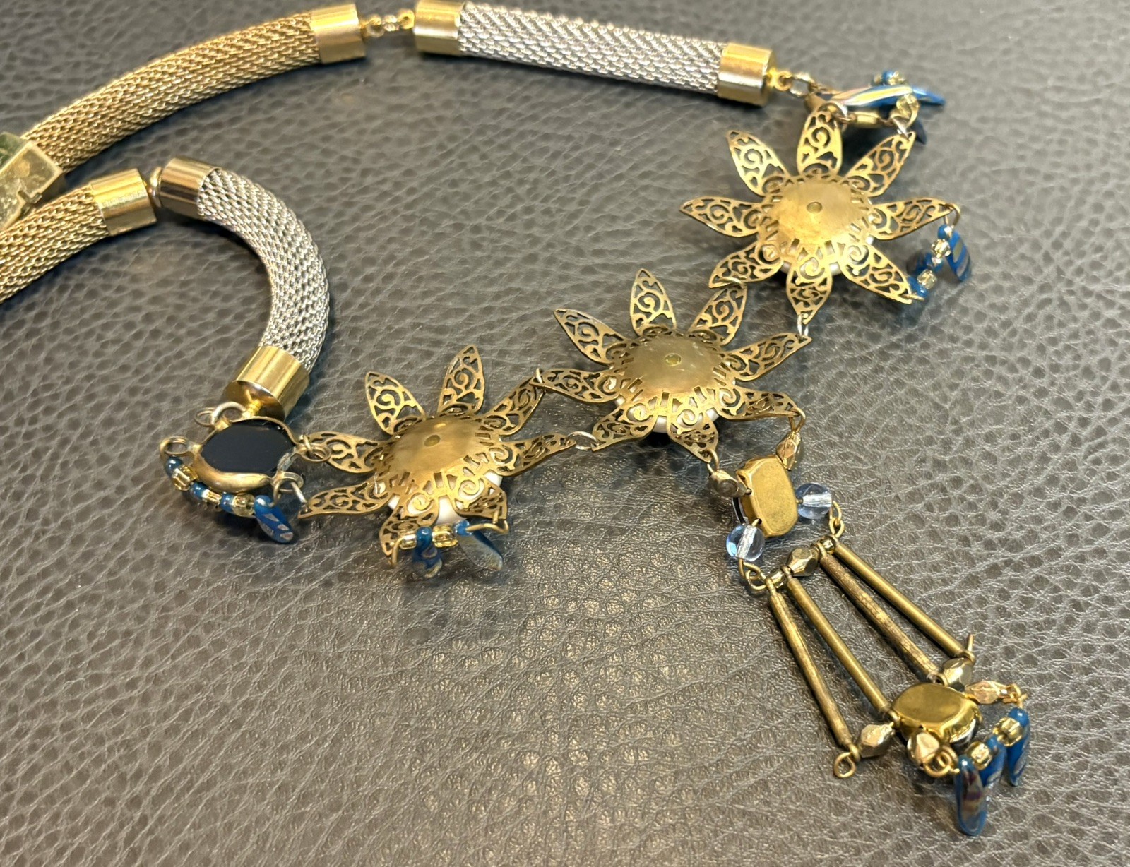 Holst + Lee Designer Celestial Sun Face Flower Chunky Necklace Gold Silver Tone