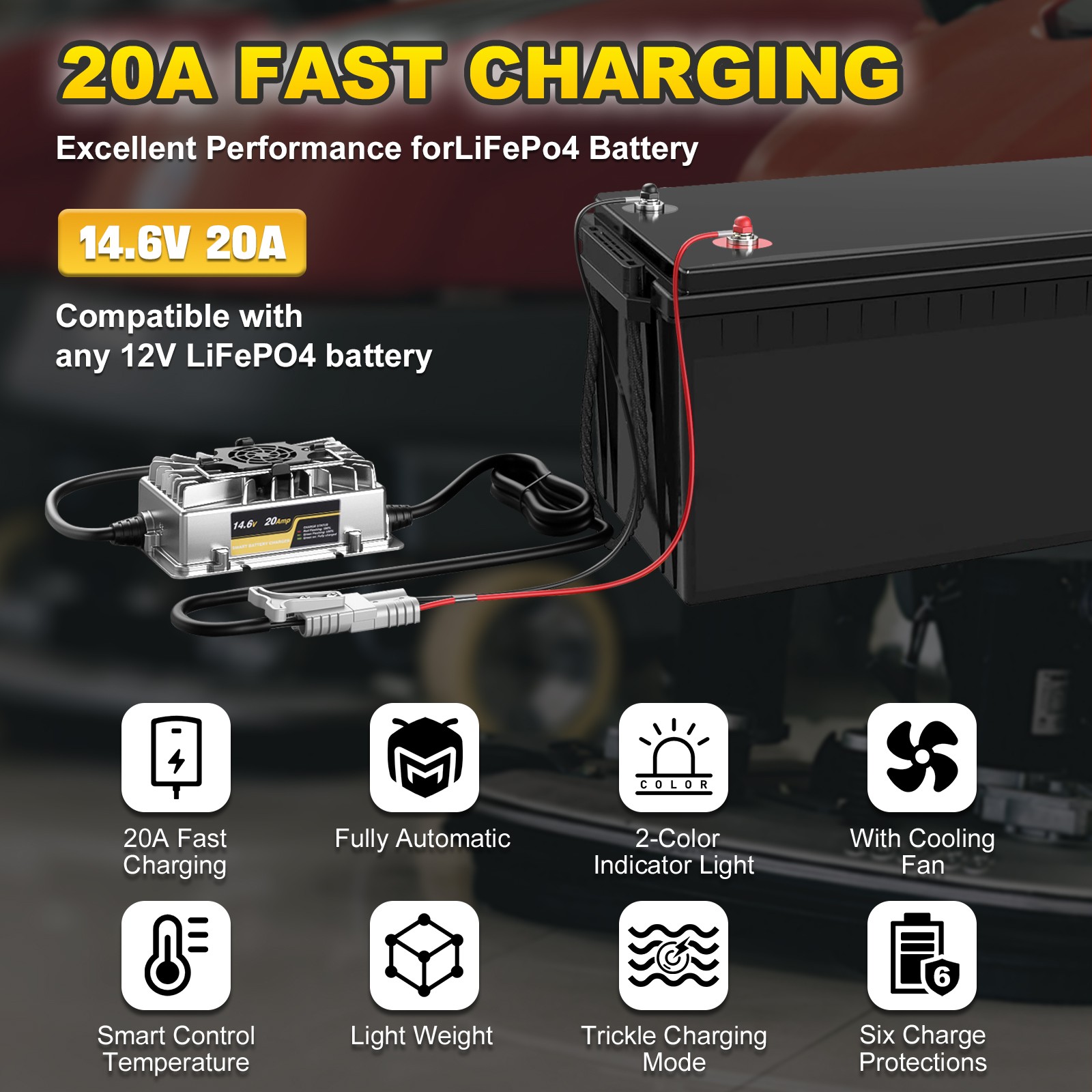 14.6V 20A AC-DC Battery Smart Charger for 12V Deep Cycle Lithium LiFePO4 Battery