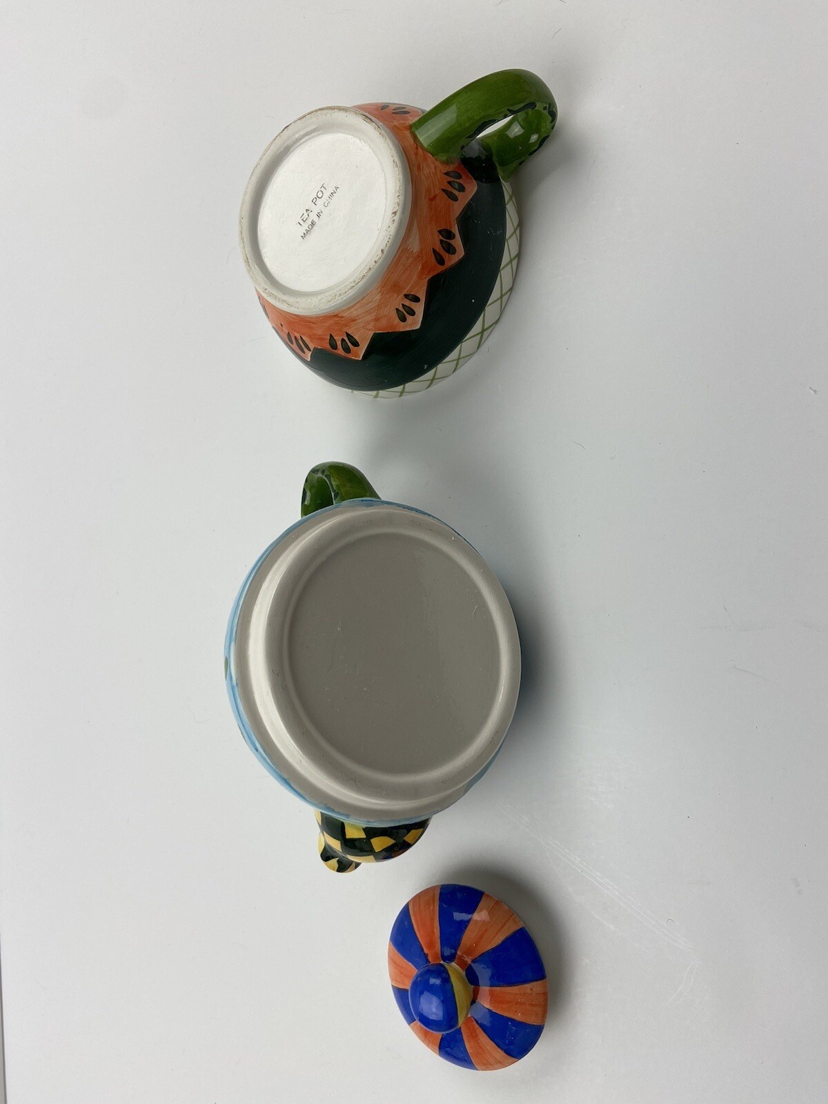 Whimsical Ceramic Teapot Tea for One Green & Yellow Check Spout & Orange Floral