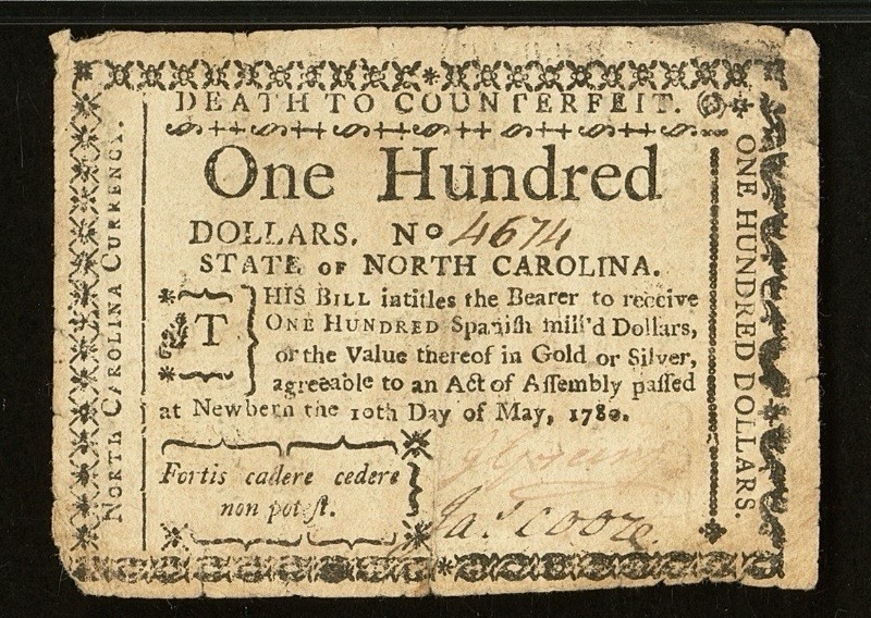 1780 NORTH CAROLINA $100 Colonial Currency American Revolt Bank Note NC-193, PMG