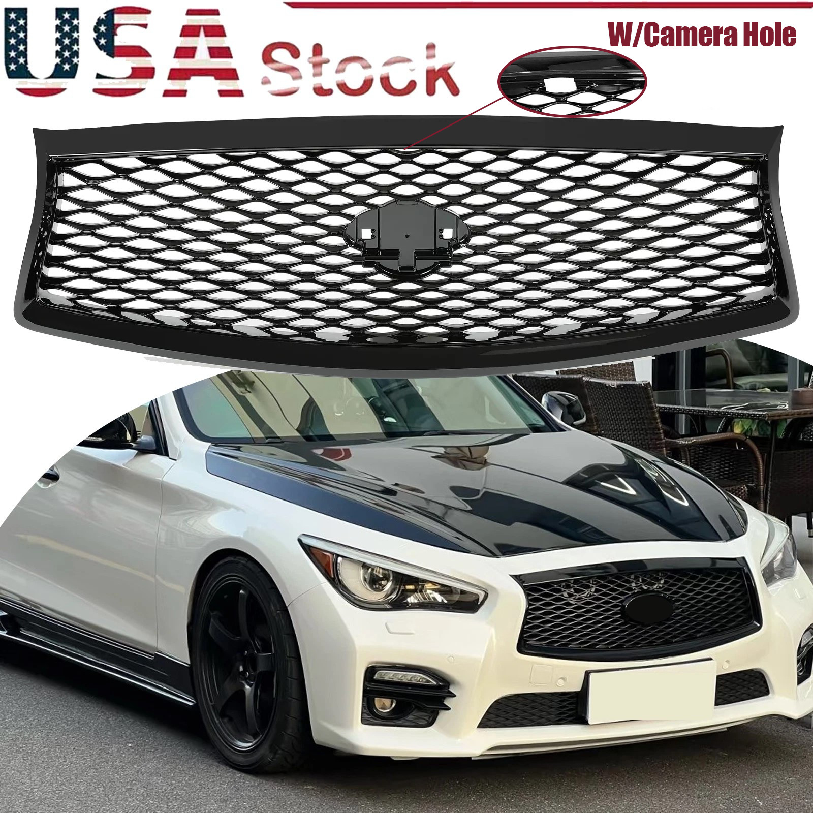 For Infiniti Q50 2014-2017 Front Bumper Upper Grille Gloss Black W/ Camera Hole