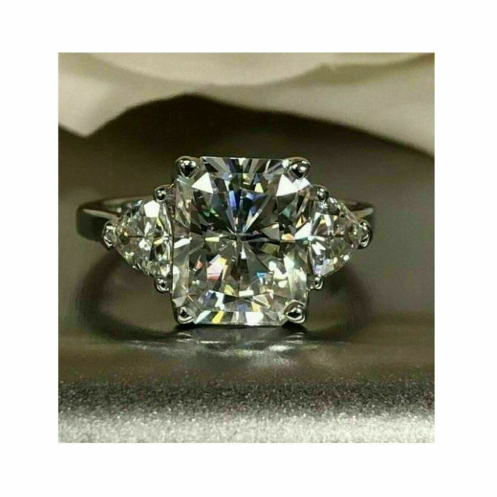 Engagement Ring 14k White Gold 4.Ct White Radiant & Trillion Diamond Simulated