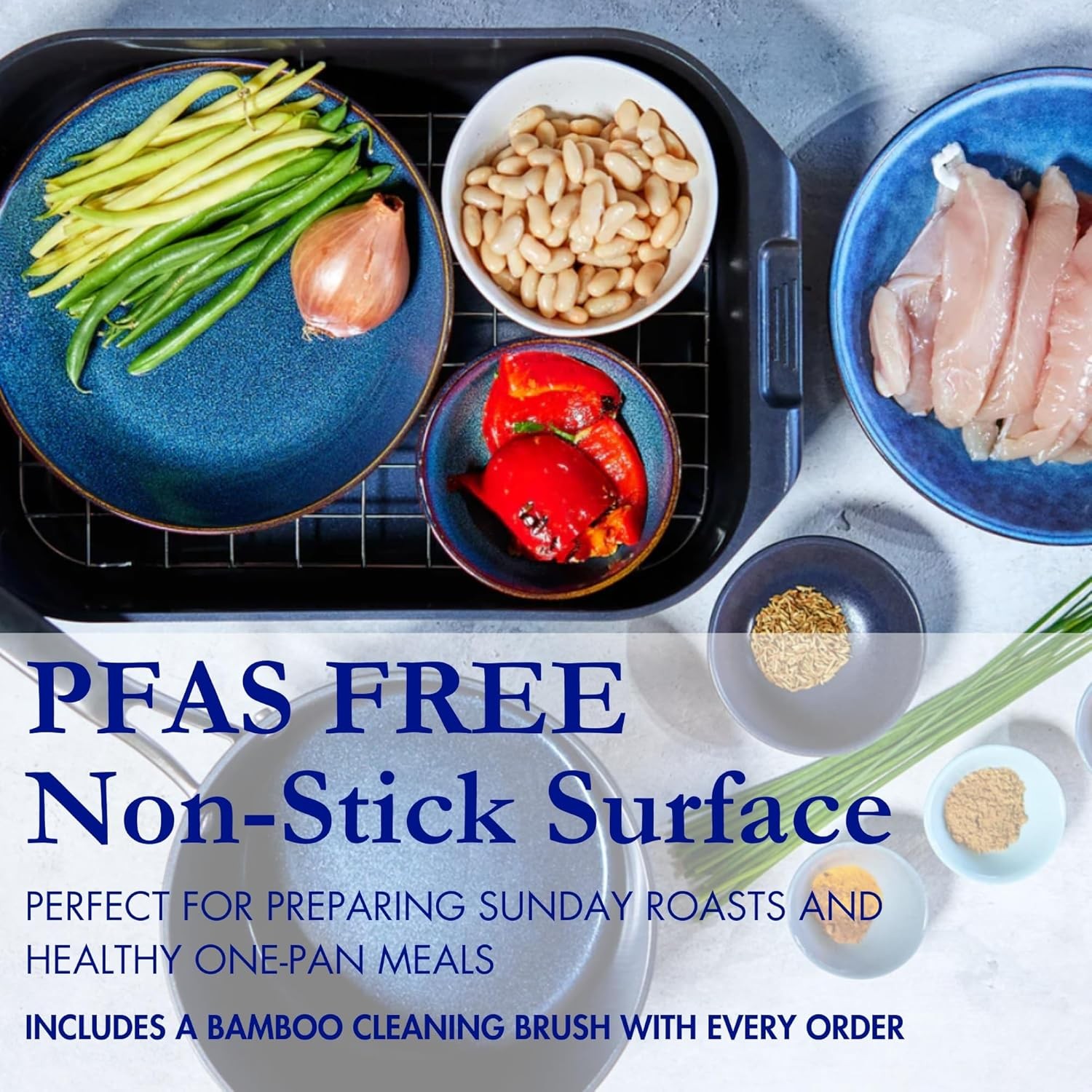 Blu. Cookware Roasting Pan with Lid and Roasting Rack, Non-Toxic, Non-Stick