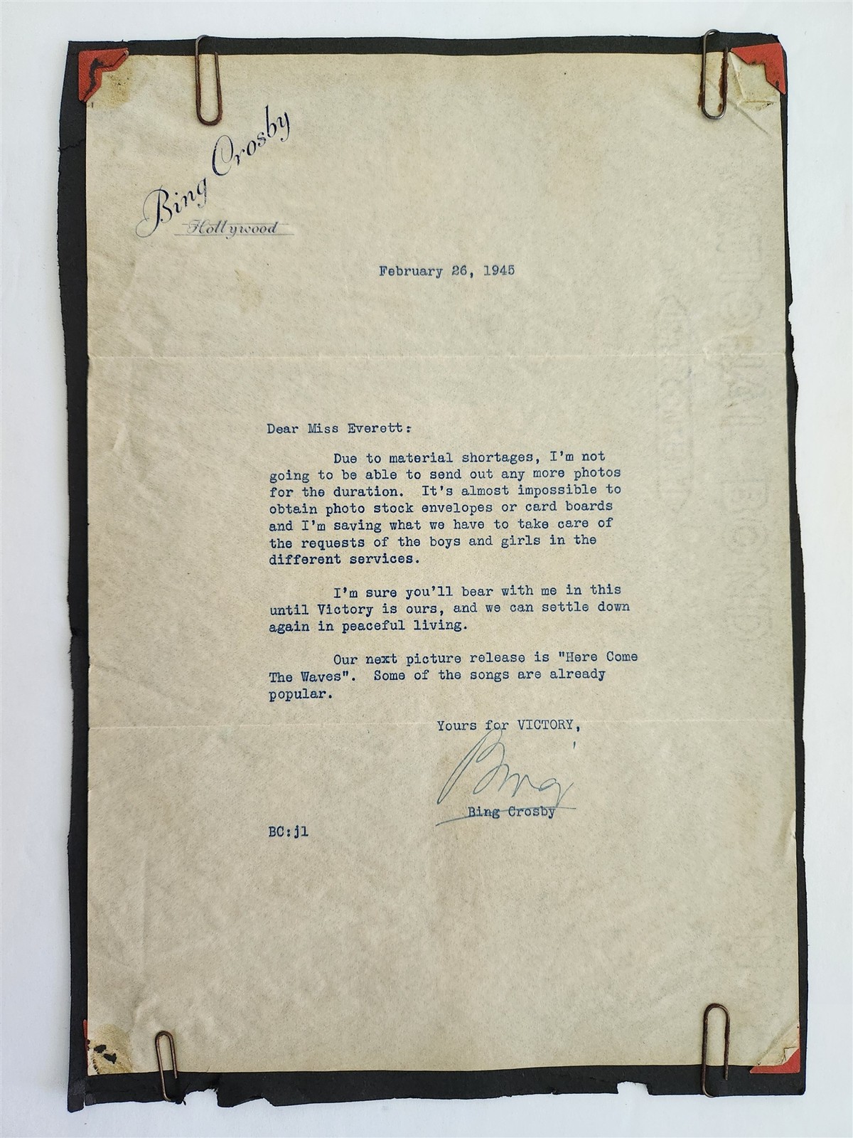 1945 antique BING CROSBY hollywood ca SIGNED LETTER shortage photo WWII VICTORY