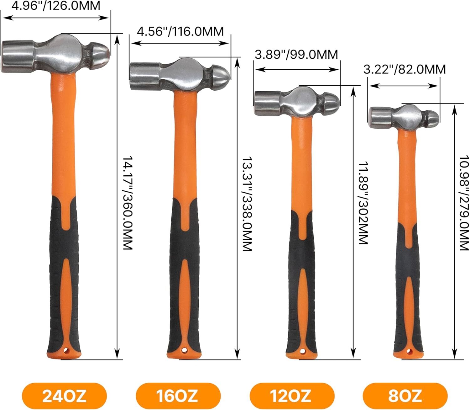 HFS(R) Ball Peen Hammer Set, 8 12 16 24oz, Blow Striking Ball Pein Hammer