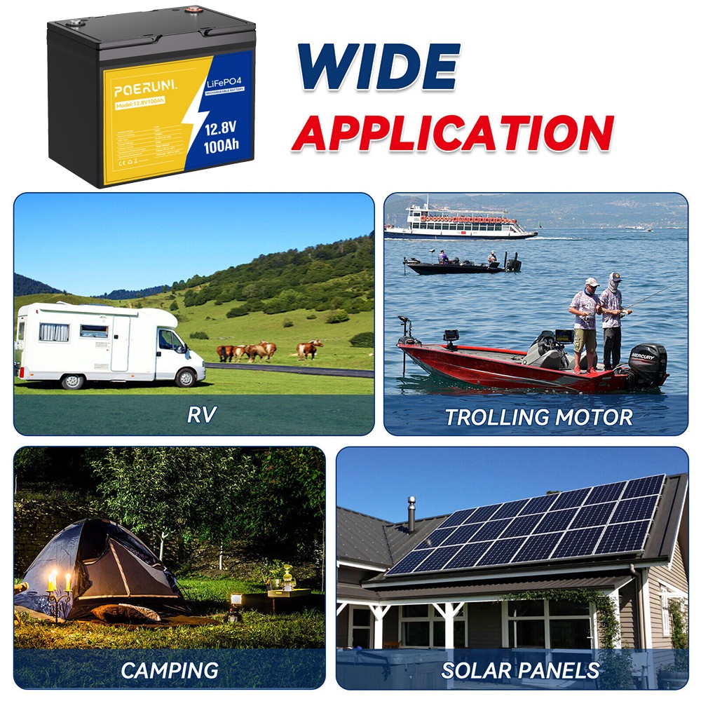 POERUNI 12V 100Ah Lithium LiFePO4 Battery 8000+ Deep Cycle for Solar RV Marine
