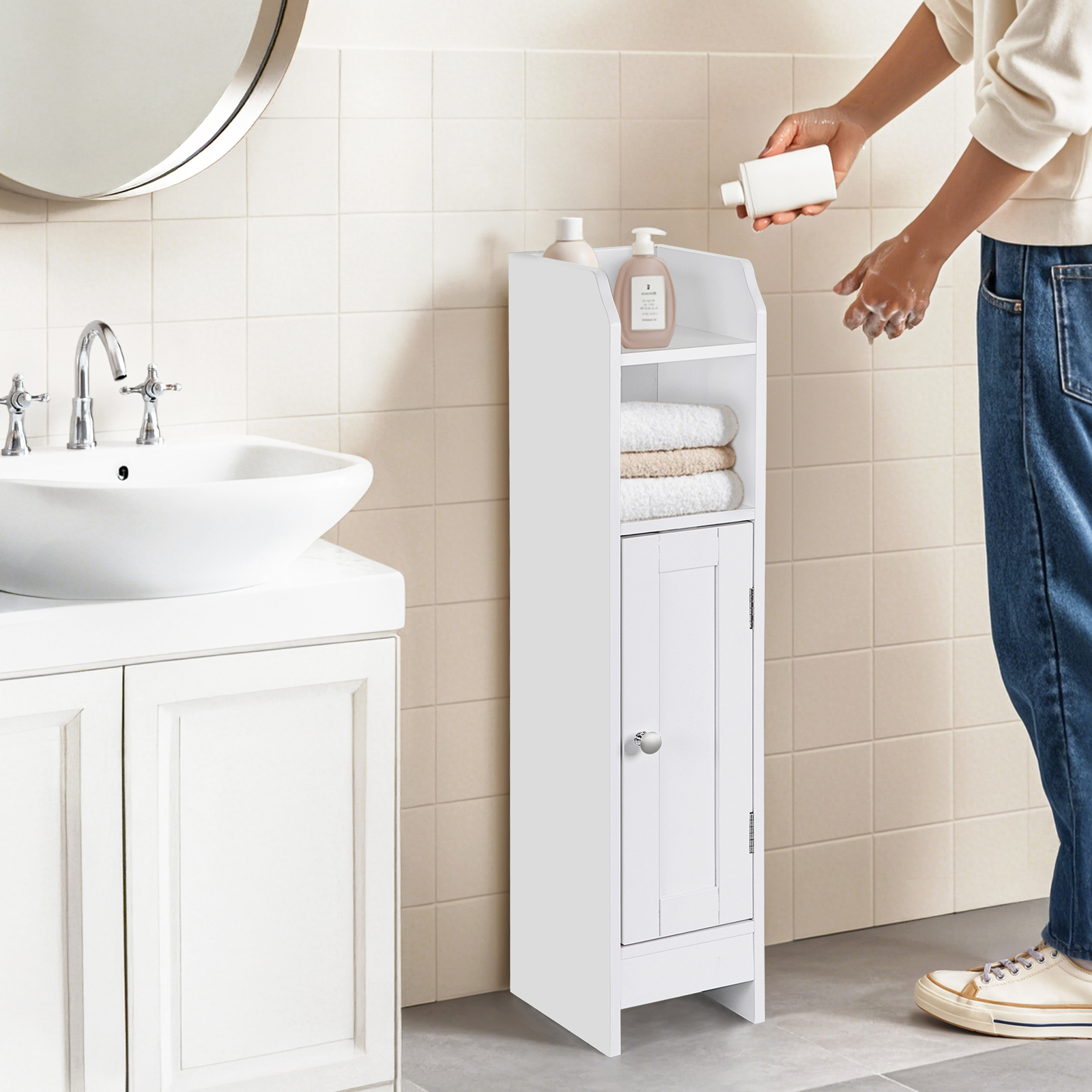 Small Bathroom Storage Cabinet White Floor Standing w/ Door & Shelves Storage